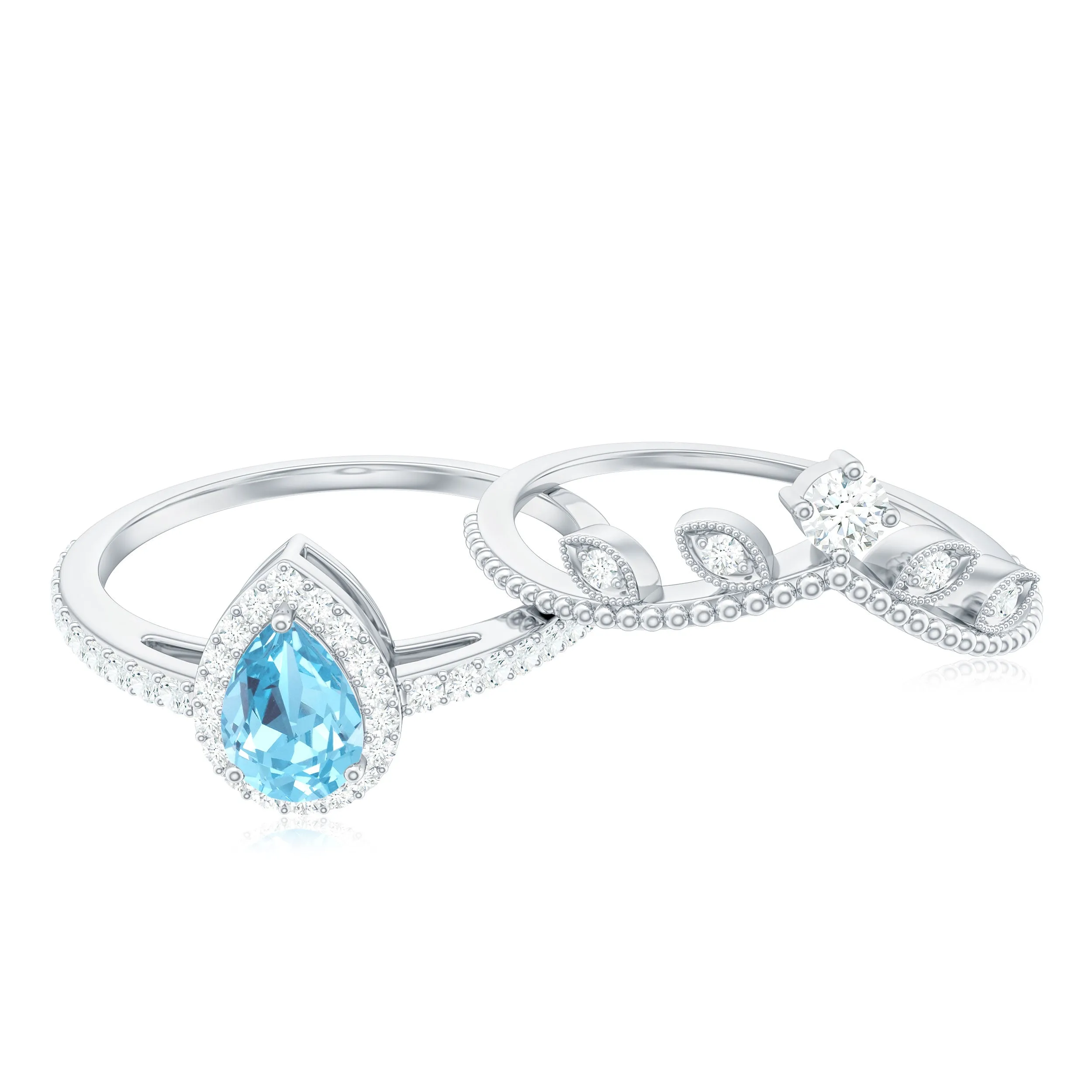 Aquamarine Vintage Teardrop Wedding Ring Set with Diamond