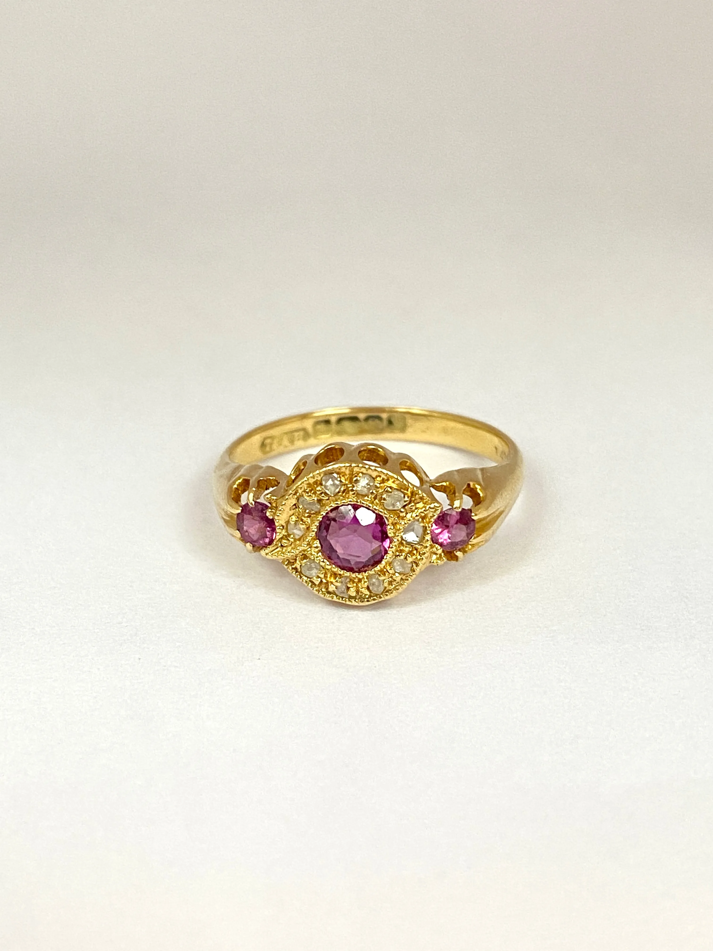 Art Deco, 18ct Gold Amethyst and Rose Cut Diamond Flower Ring