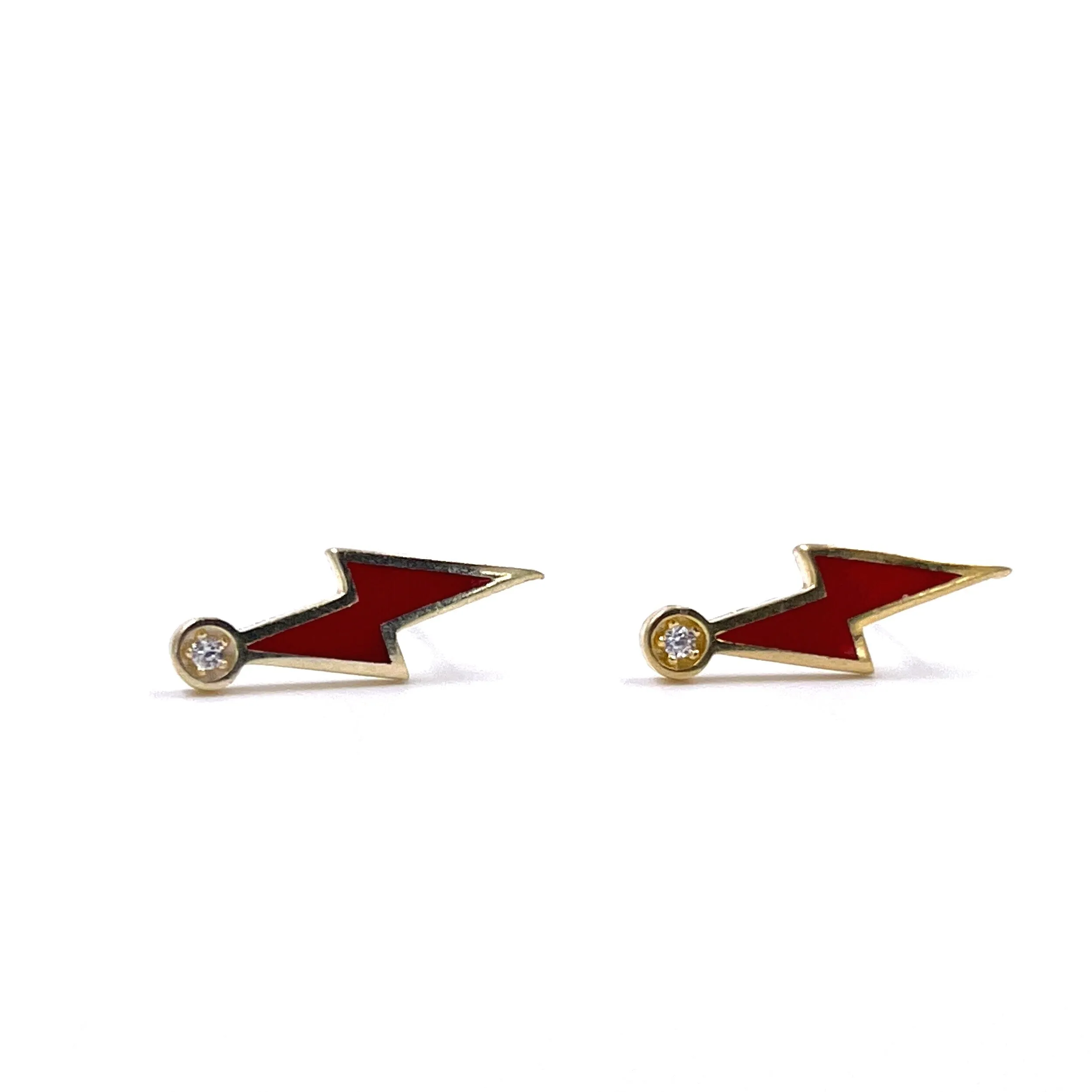 Ashley Gold Red Enamel Bolt Earrings With Single CZ Earring