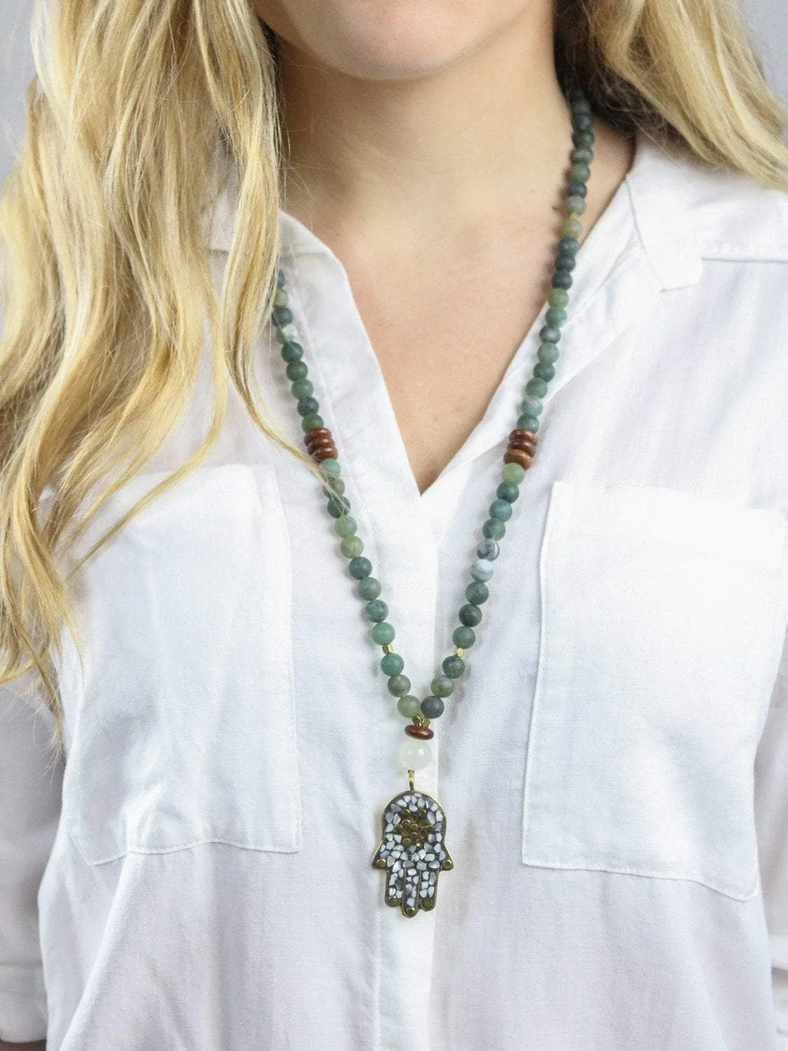 Auspicious Hamsa and Moss Agate Necklace