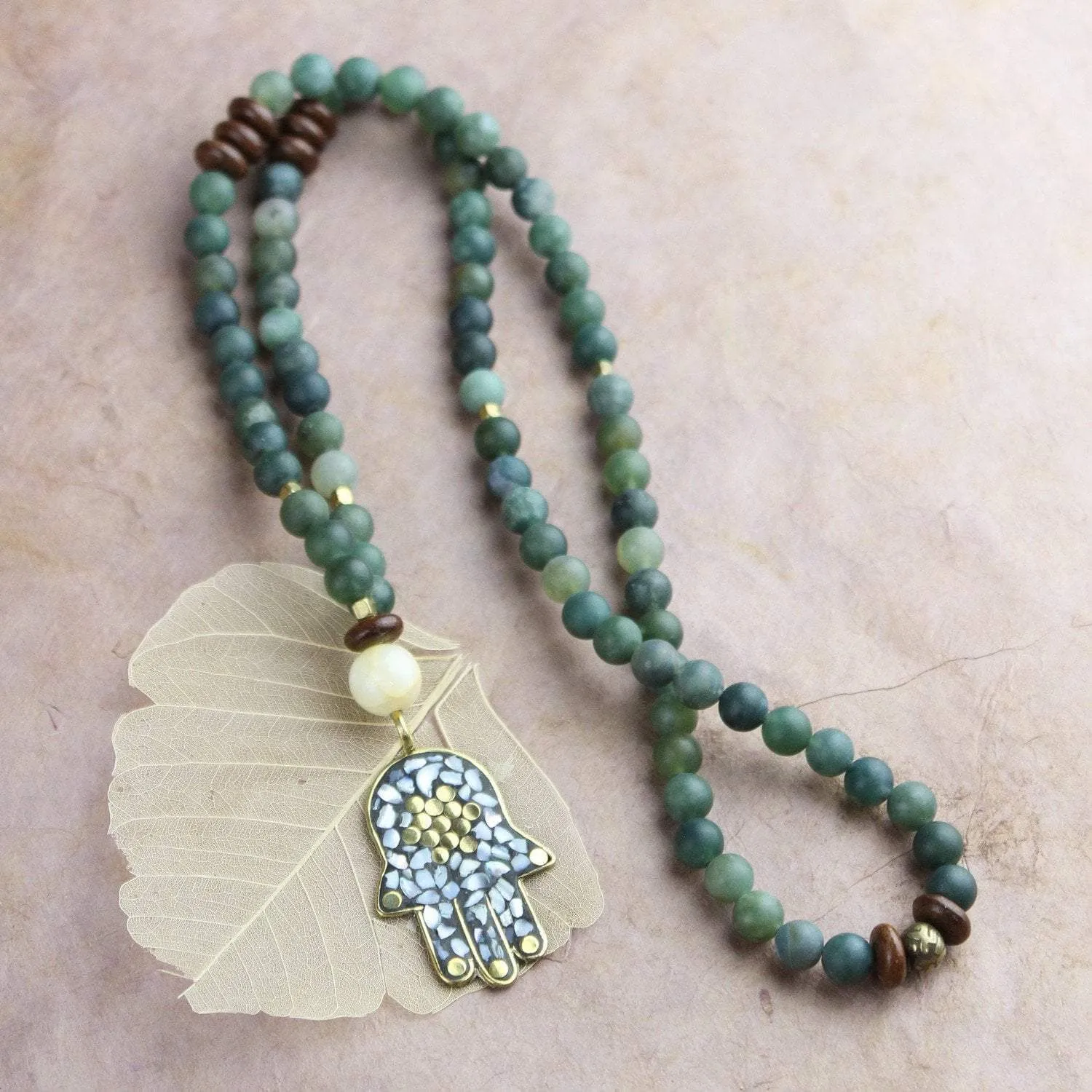 Auspicious Hamsa and Moss Agate Necklace