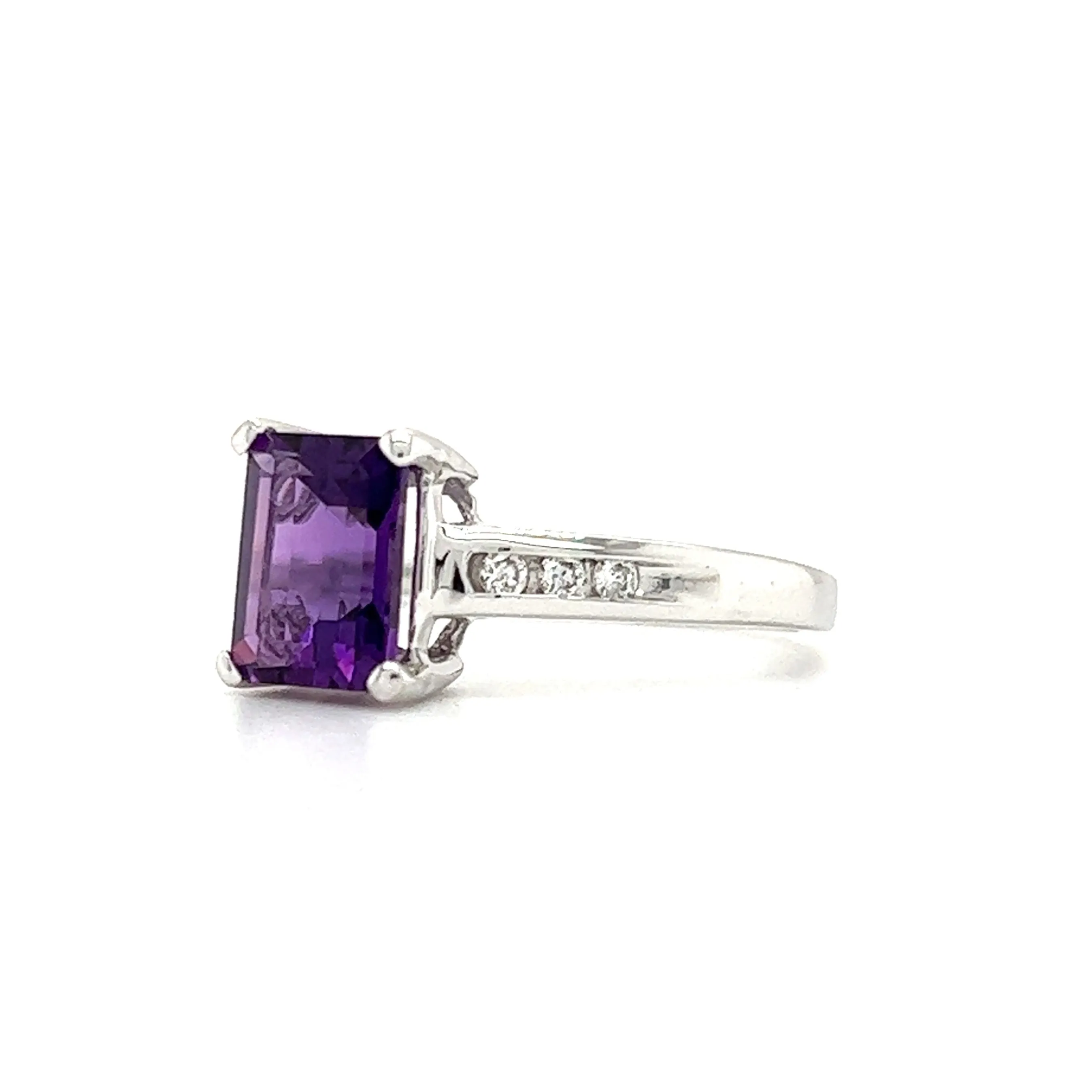 Baguette Amethyst Ring with Six Side Diamonds in 14K White Gold