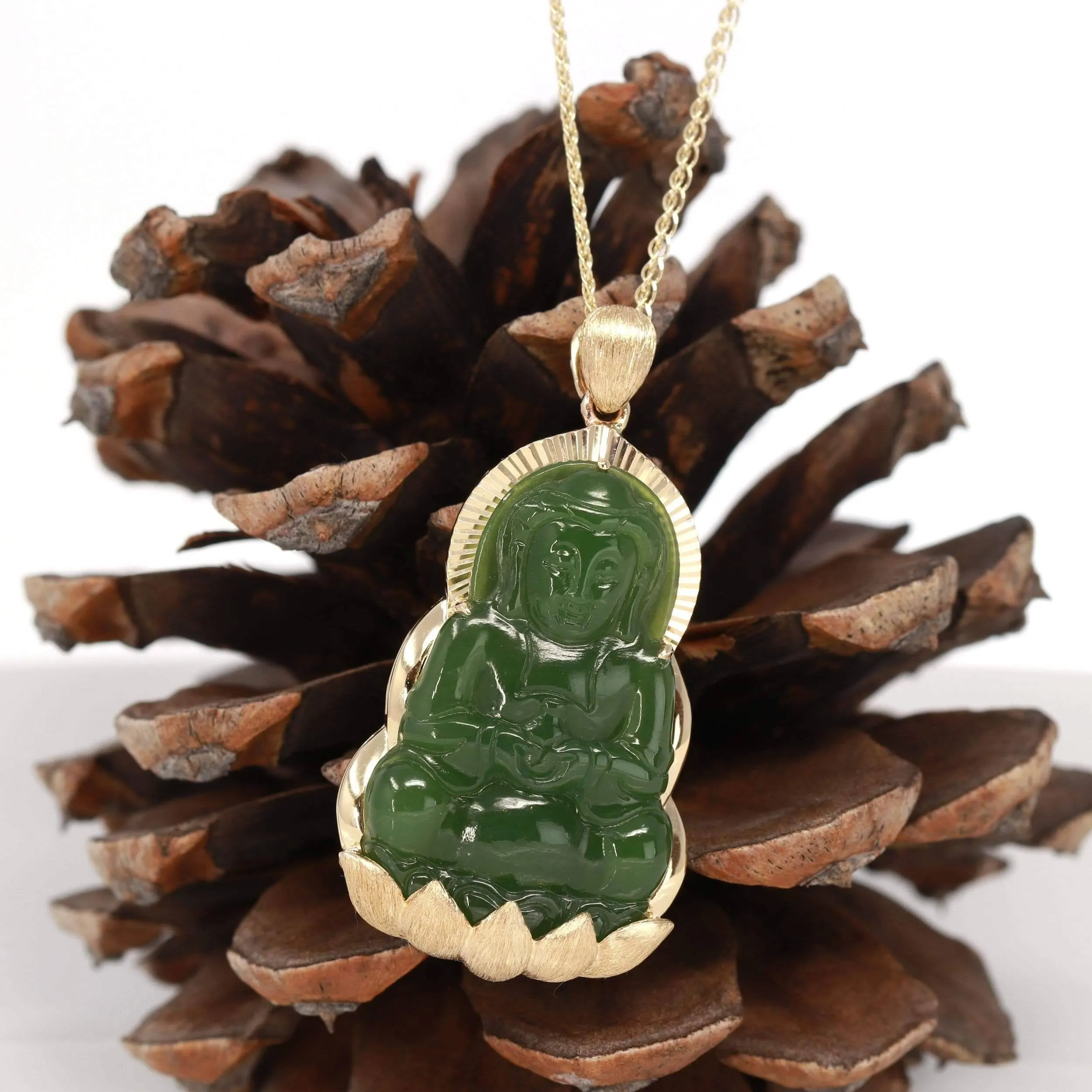 Baikalla™ 14K Yellow Gold Genuine Nephrite Green Jade GuanYin Pendant Necklace