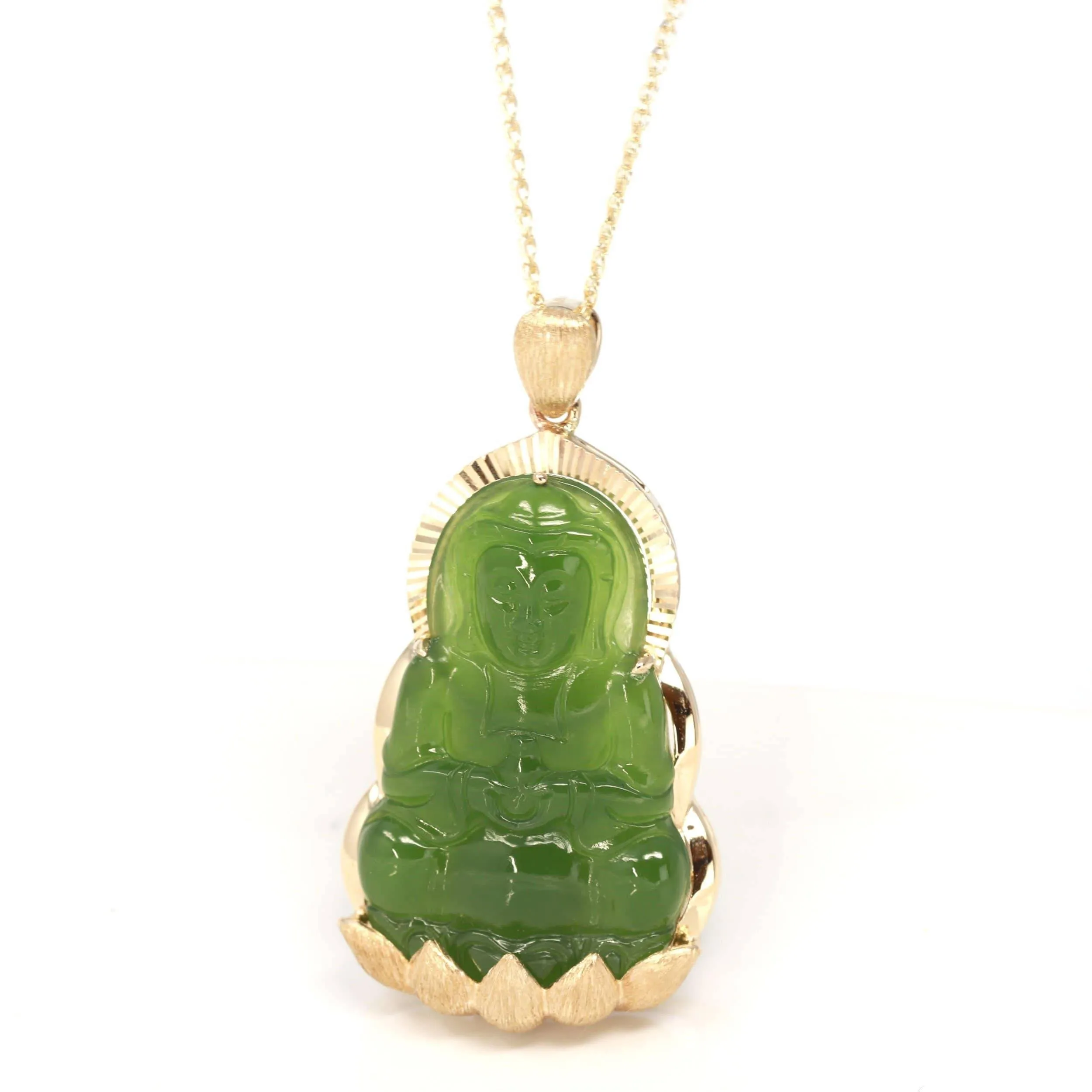 Baikalla™ 14K Yellow Gold Genuine Nephrite Green Jade GuanYin Pendant Necklace