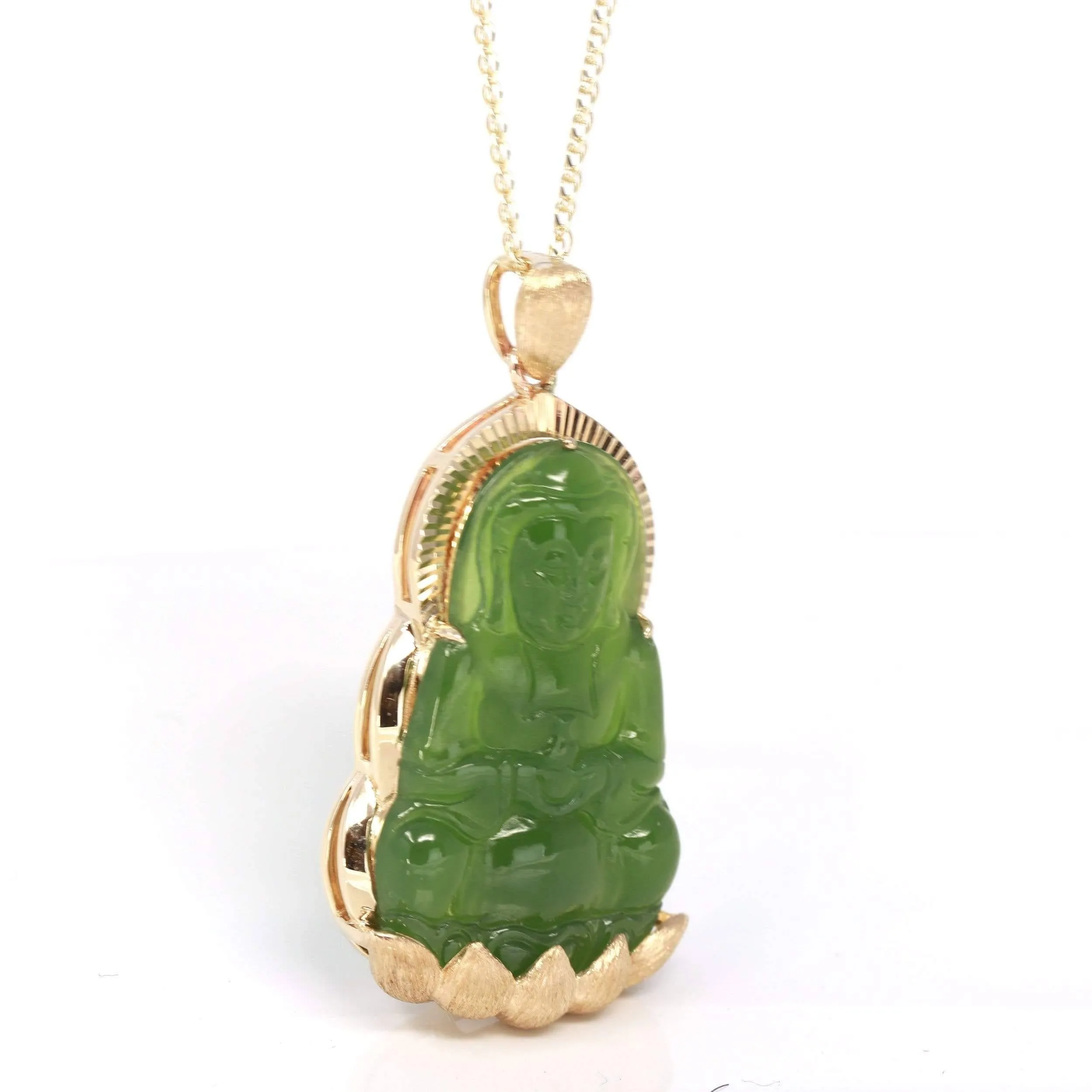 Baikalla™ 14K Yellow Gold Genuine Nephrite Green Jade GuanYin Pendant Necklace