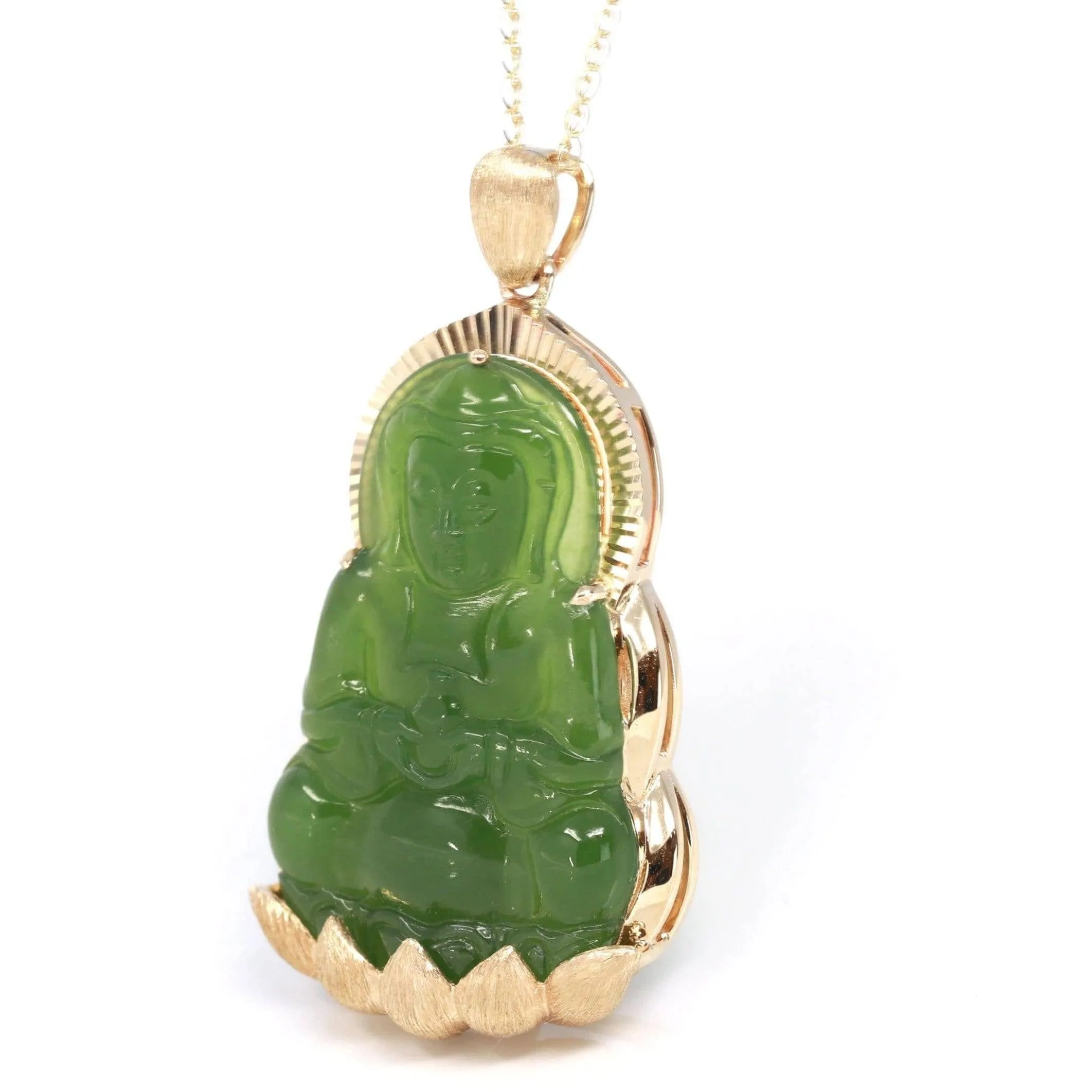 Baikalla™ 14K Yellow Gold Genuine Nephrite Green Jade GuanYin Pendant Necklace