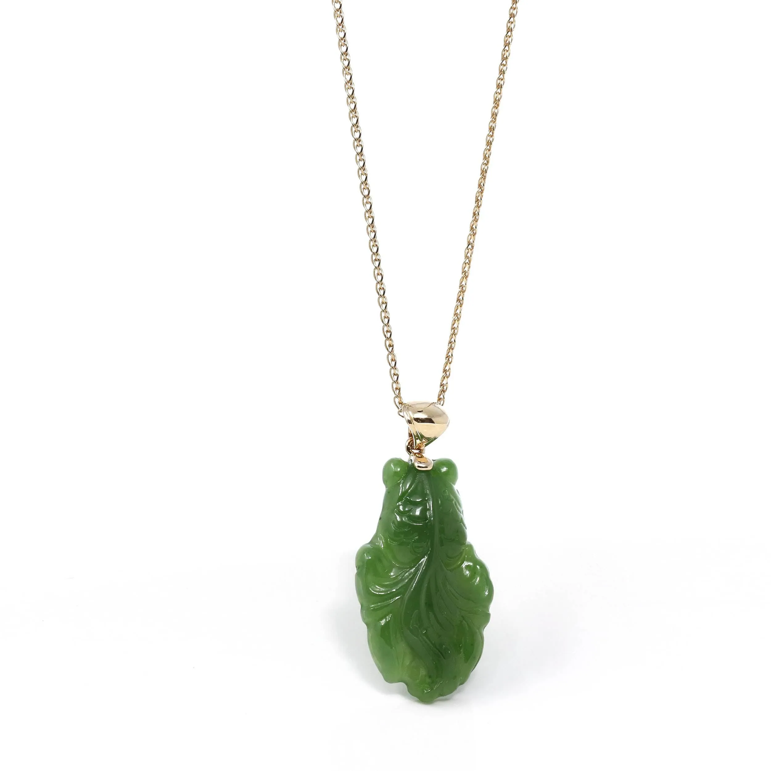 Baikalla™ : " Gold Fish " 14k Yellow Gold Genuine Nephrite Green Jade Pendant Necklace