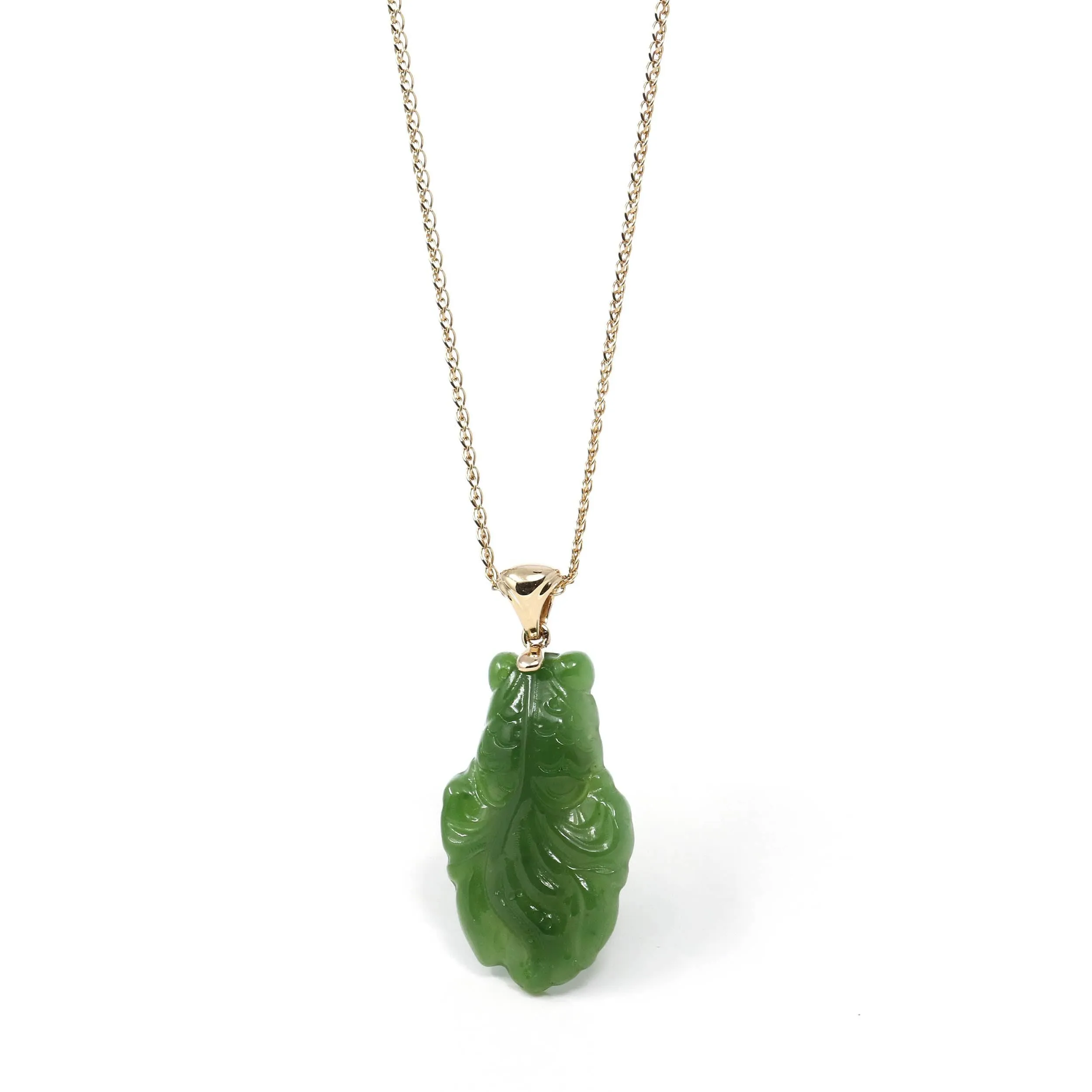 Baikalla™ : " Gold Fish " 14k Yellow Gold Genuine Nephrite Green Jade Pendant Necklace