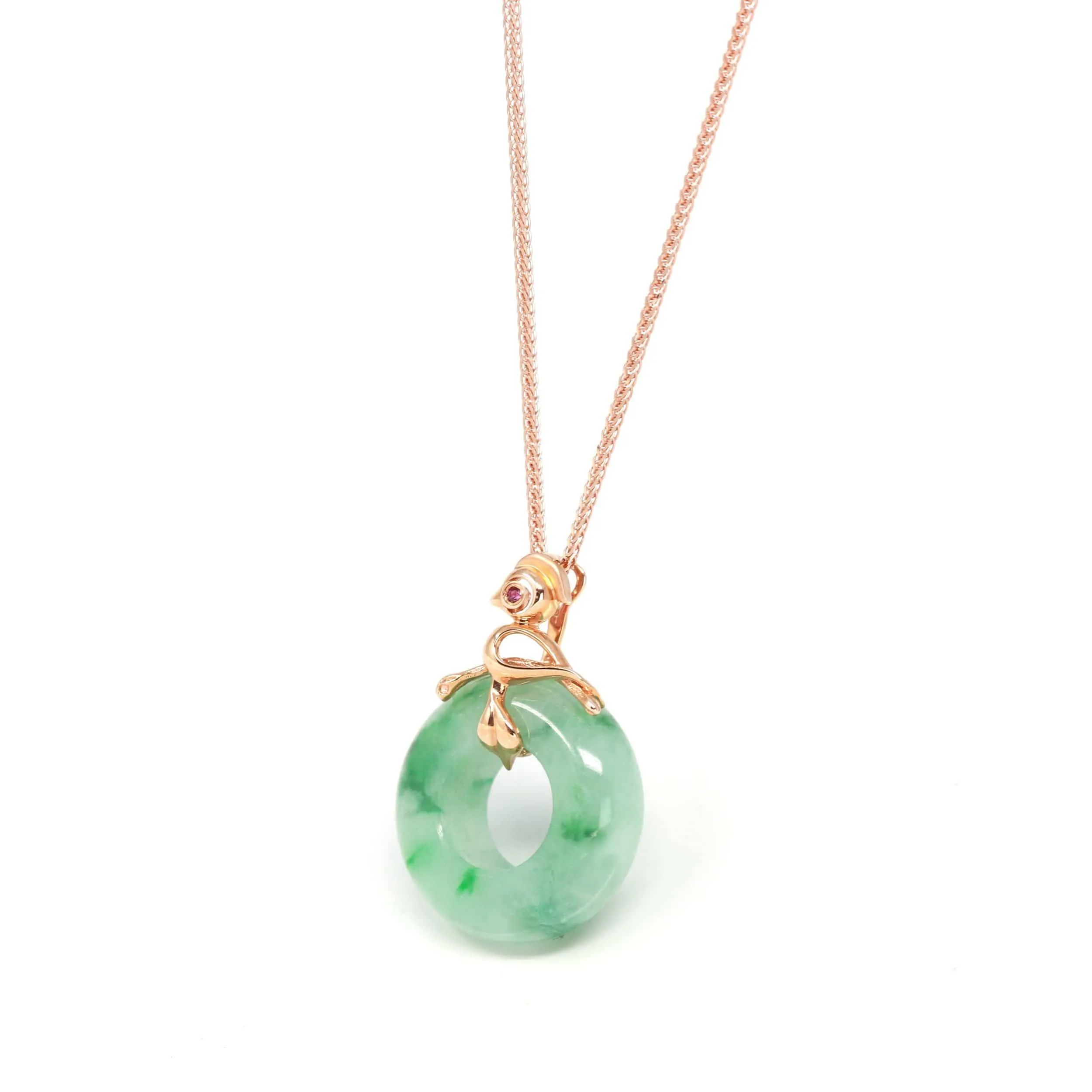 Baikalla™ "Good Luck Birdie" 18k Rose Gold Genuine Burmese Jadeite Lucky Kou Kou  Pendant Necklace With AA Ruby