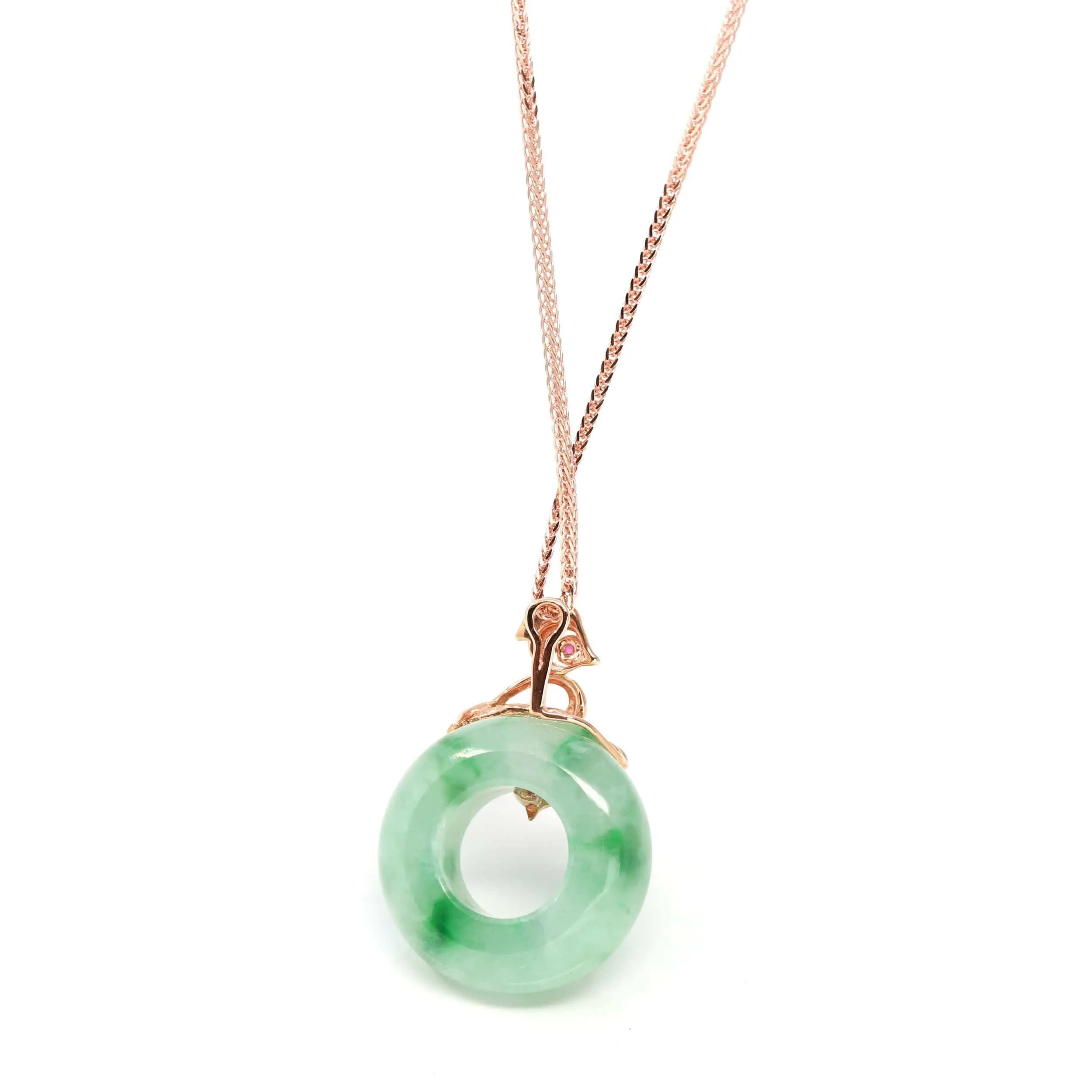 Baikalla™ "Good Luck Birdie" 18k Rose Gold Genuine Burmese Jadeite Lucky Kou Kou  Pendant Necklace With AA Ruby