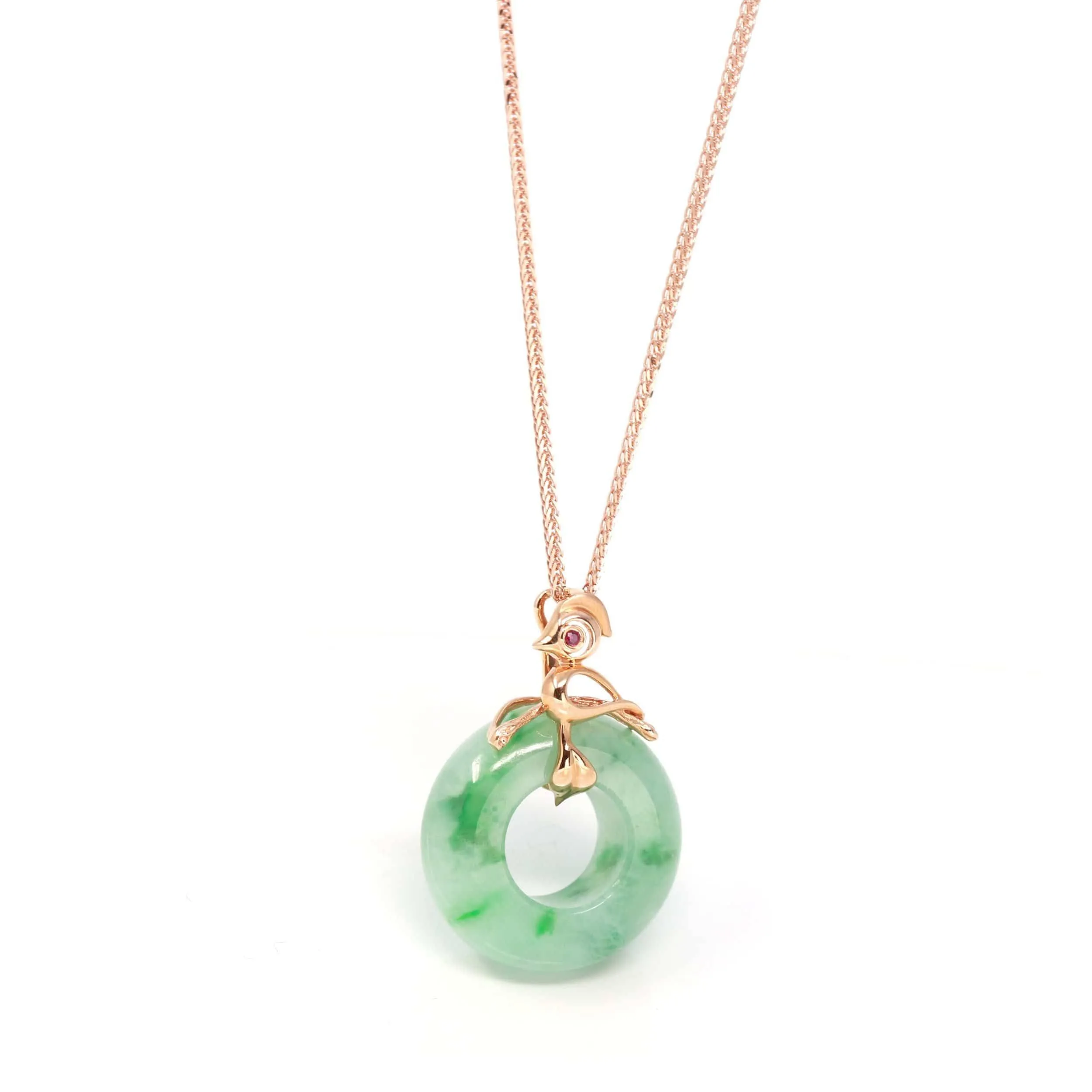 Baikalla™ "Good Luck Birdie" 18k Rose Gold Genuine Burmese Jadeite Lucky Kou Kou  Pendant Necklace With AA Ruby