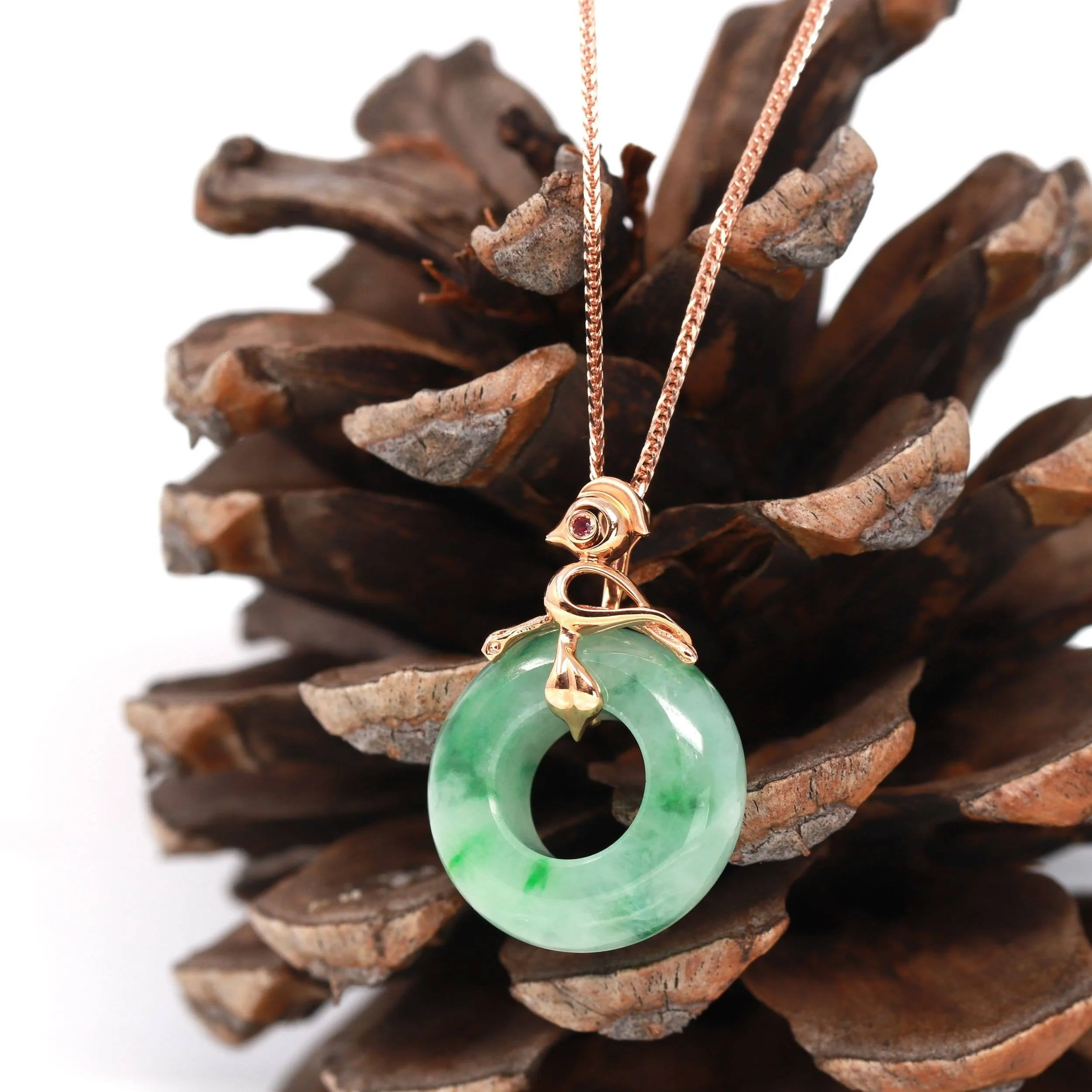 Baikalla™ "Good Luck Birdie" 18k Rose Gold Genuine Burmese Jadeite Lucky Kou Kou  Pendant Necklace With AA Ruby