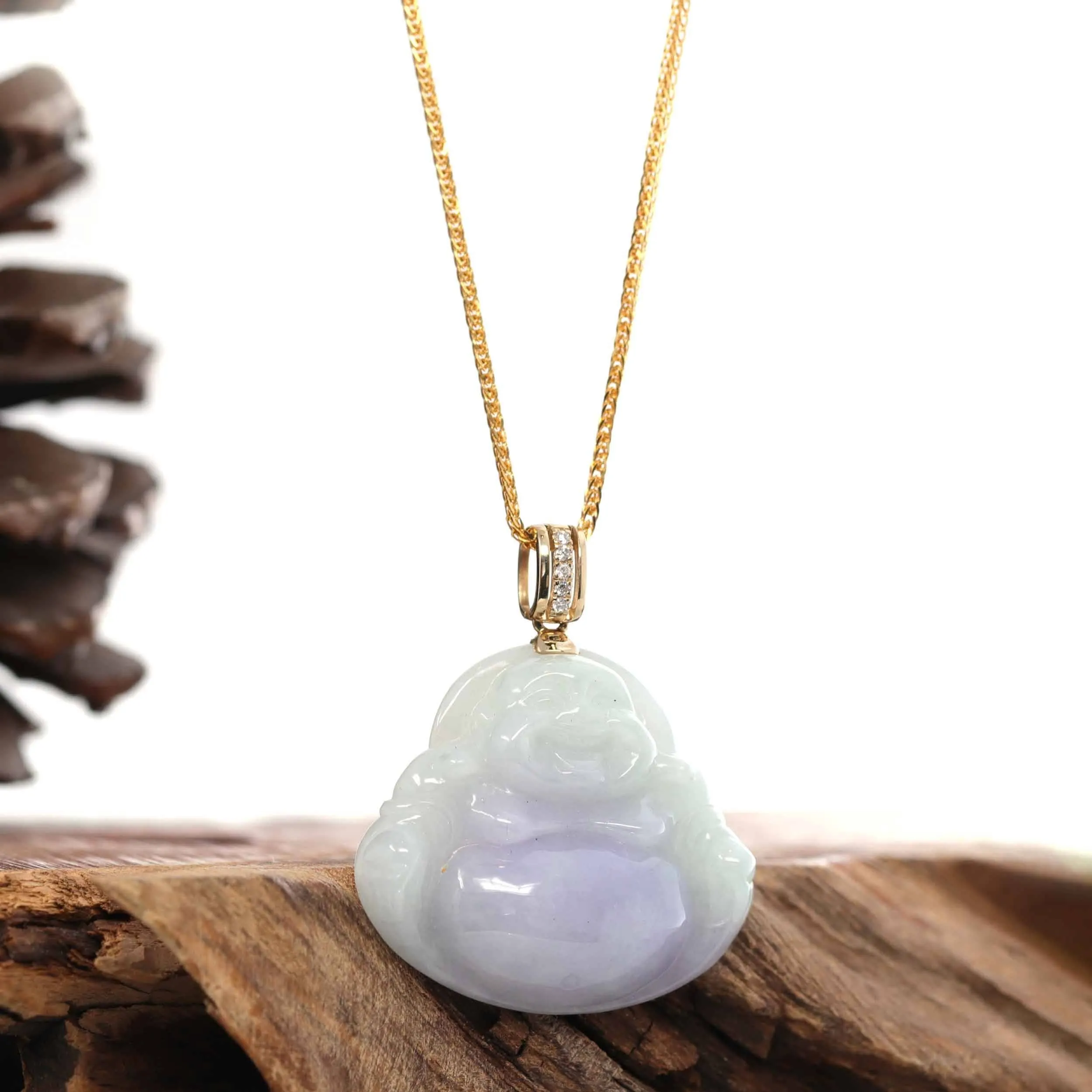 Baikalla "Laughing Buddha" 14k Yellow Gold Genuine Green and Lavender Jadeite Jade with VS1 Diamonds