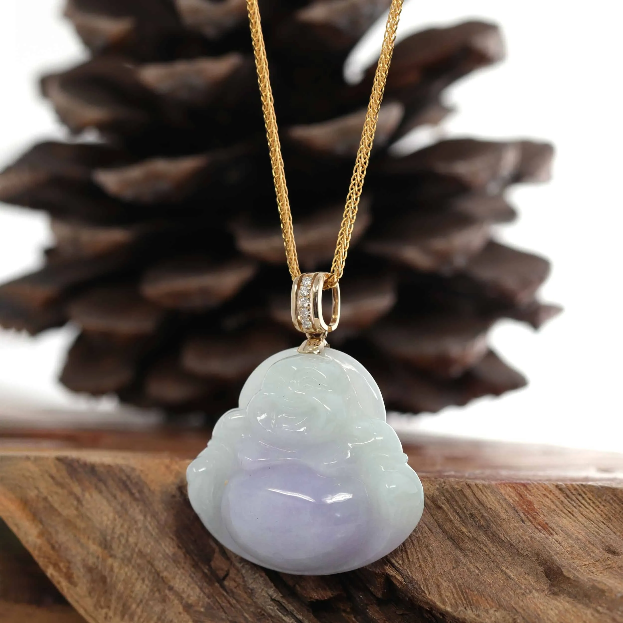 Baikalla "Laughing Buddha" 14k Yellow Gold Genuine Green and Lavender Jadeite Jade with VS1 Diamonds