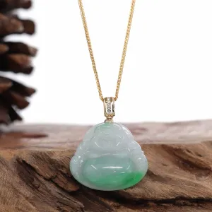 Baikalla™ "Laughing Buddha" Genuine Green Jadeite Buddha Necklace With 14k Yellow Gold Diamond Bail