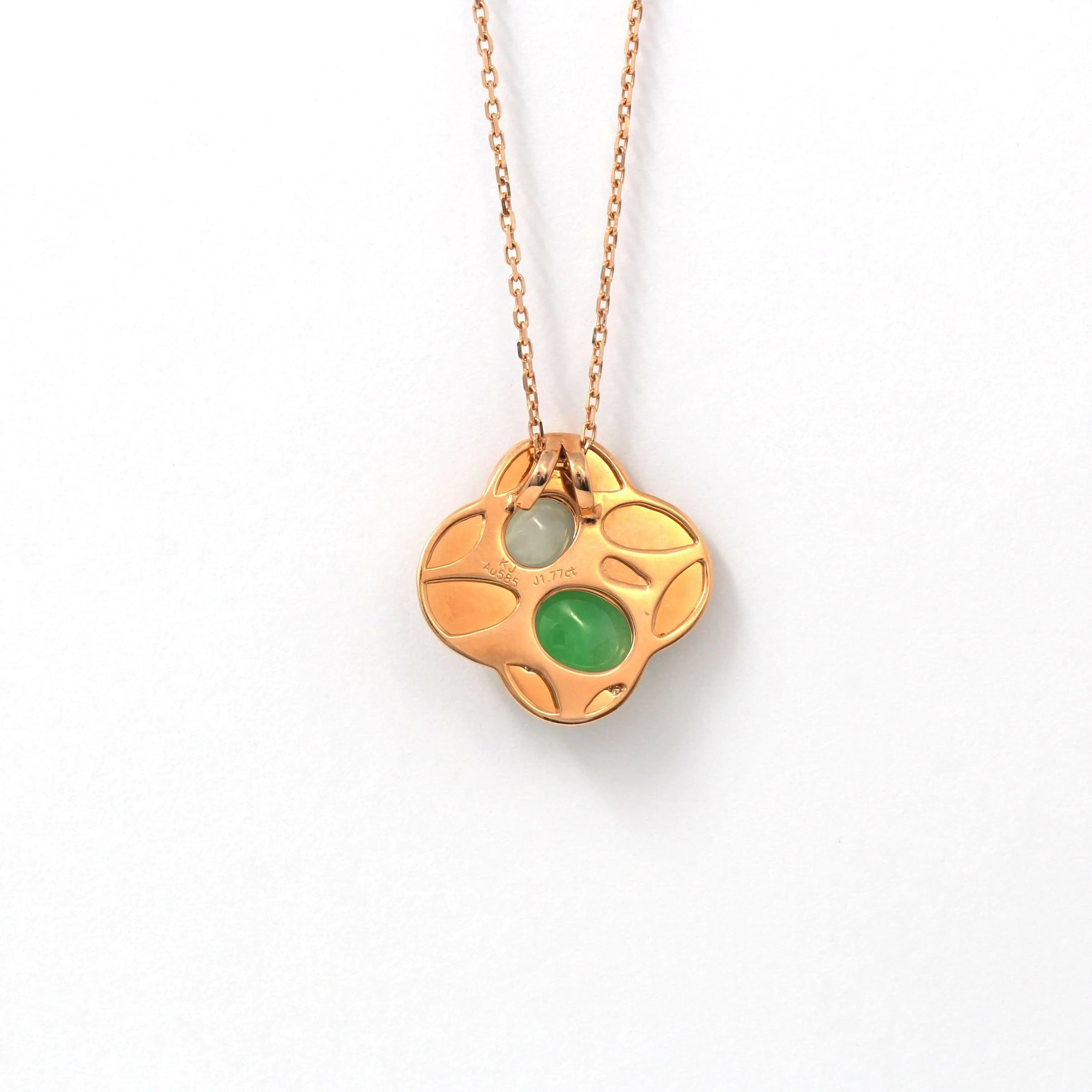 Baikalla™ "Lucky 4 leaf clover" 14k Rose Gold & Genuine Burmese Imperial & Ice Jadeite Pendant Necklace