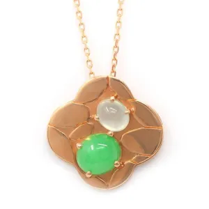 Baikalla™ "Lucky 4 leaf clover" 14k Rose Gold & Genuine Burmese Imperial & Ice Jadeite Pendant Necklace