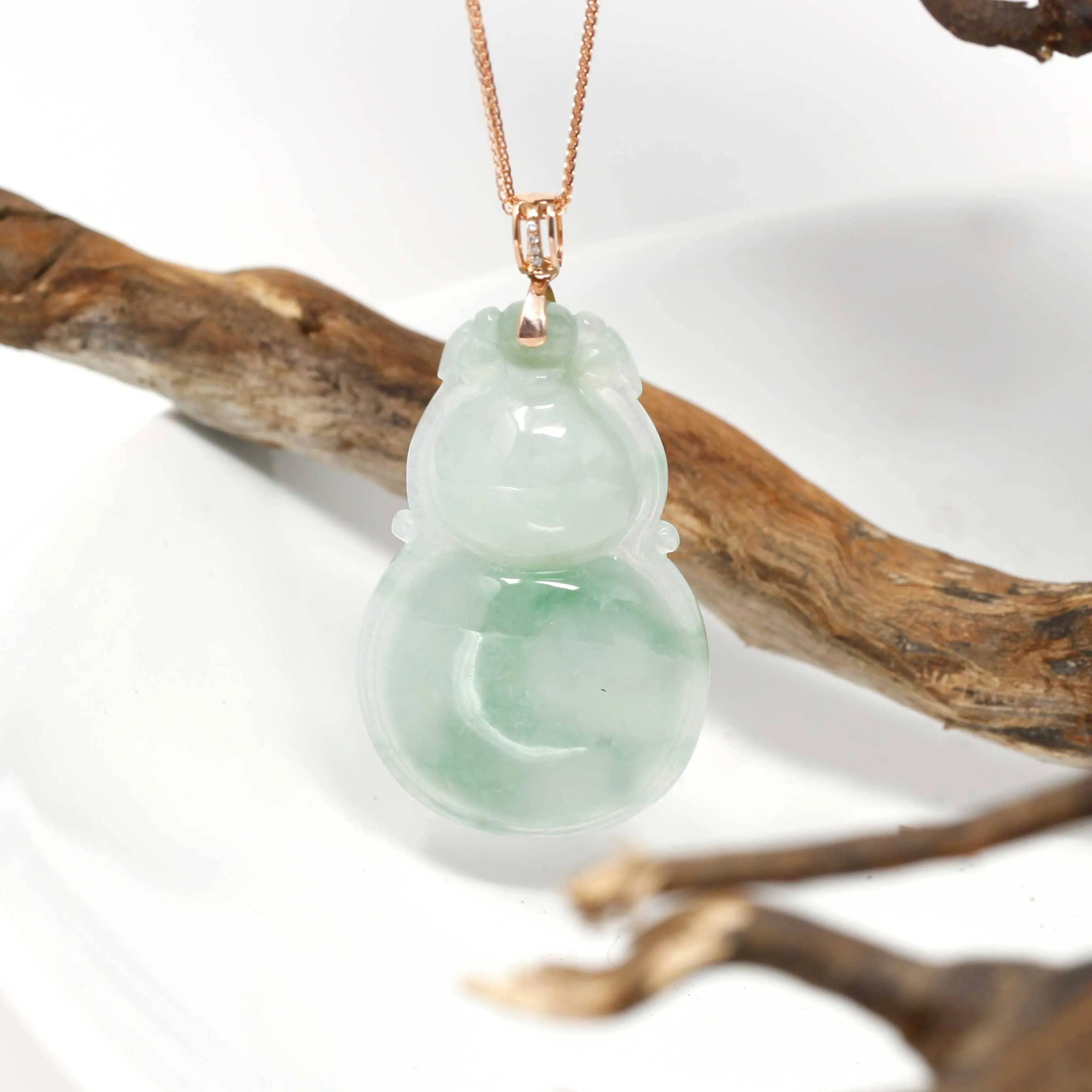 Baikalla™ "Lucky Bottle Gourd" Genuine Green Jadeite Bottle Gourd Pendant Necklace With 18k Rose Gold Diamond Bail