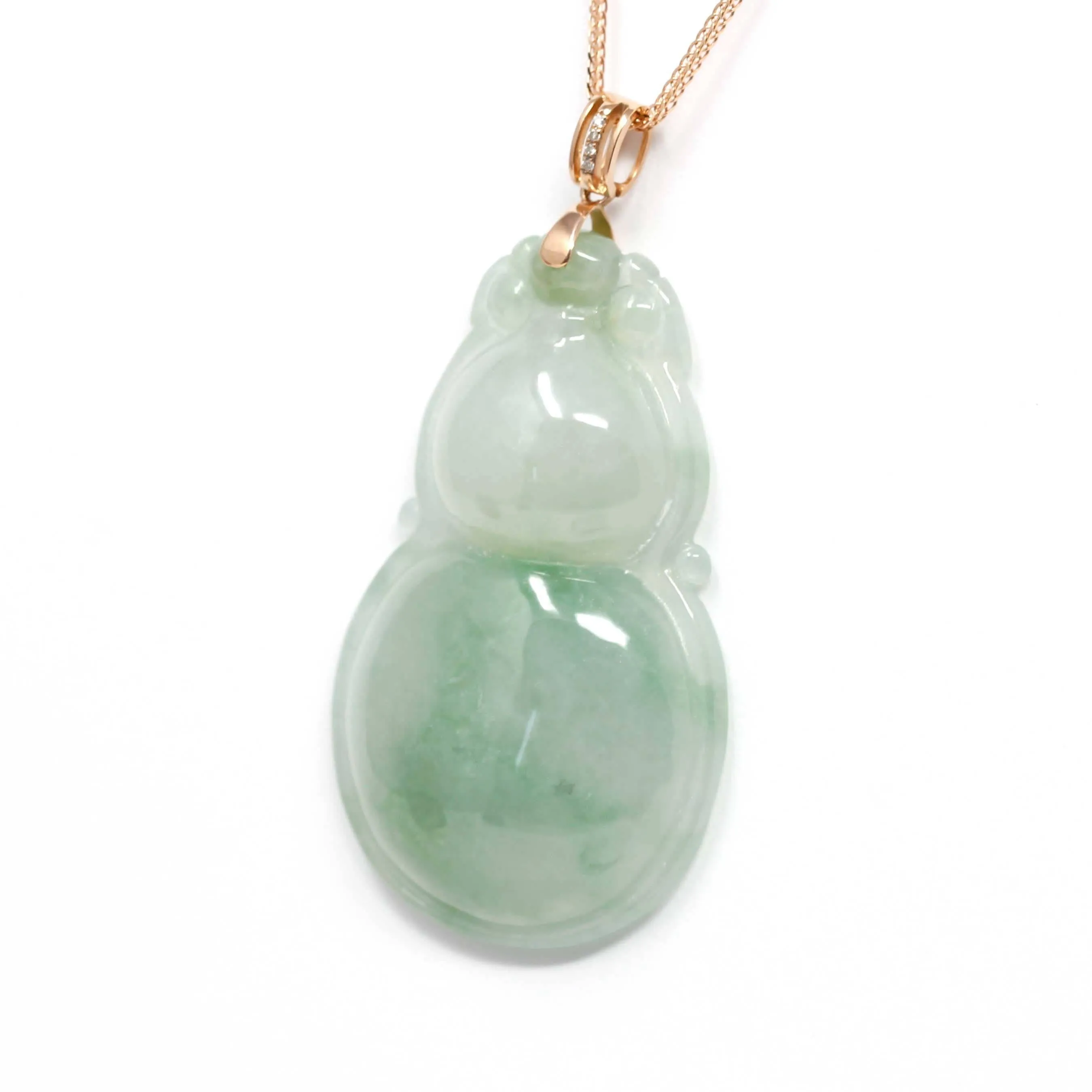 Baikalla™ "Lucky Bottle Gourd" Genuine Green Jadeite Bottle Gourd Pendant Necklace With 18k Rose Gold Diamond Bail