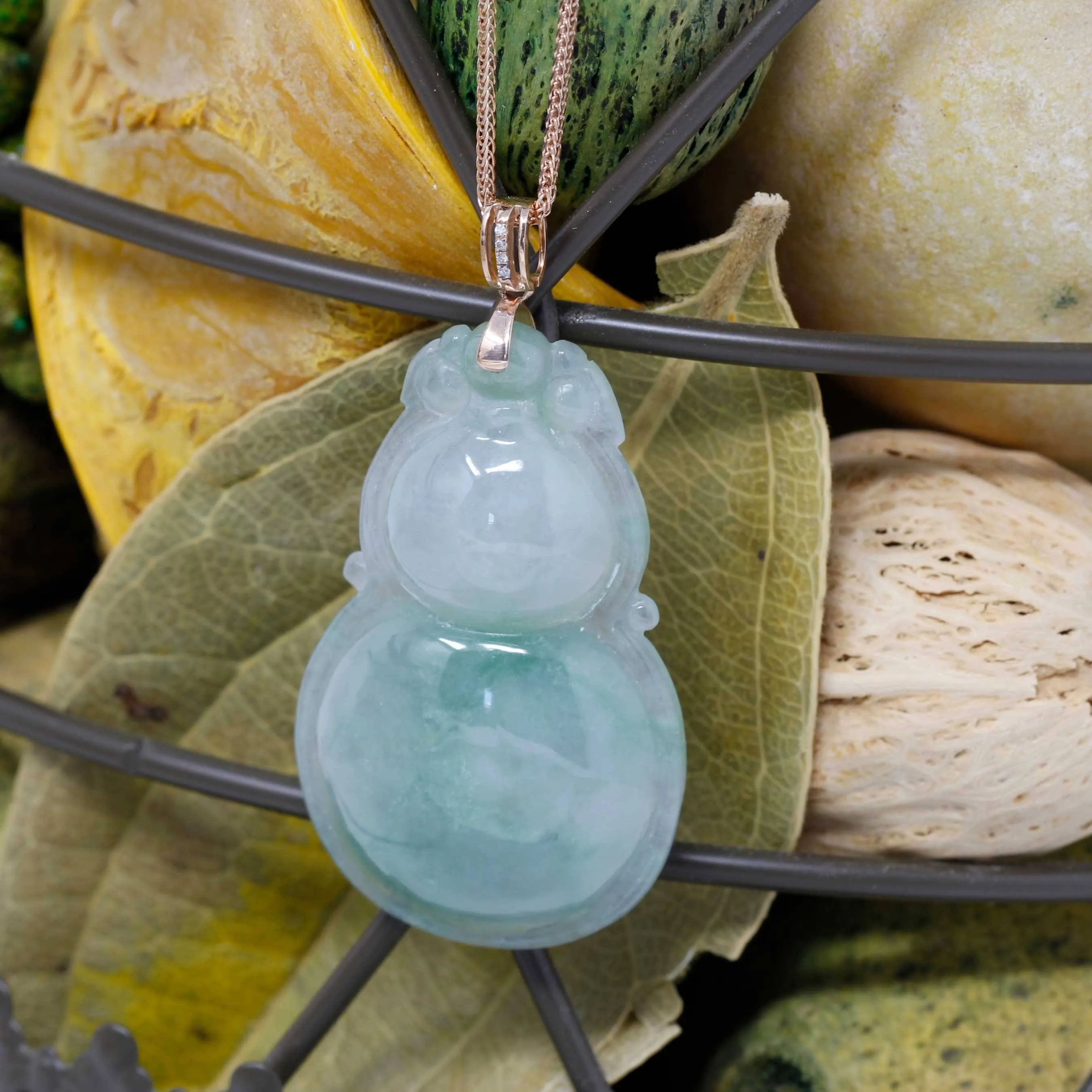 Baikalla™ "Lucky Bottle Gourd" Genuine Green Jadeite Bottle Gourd Pendant Necklace With 18k Rose Gold Diamond Bail