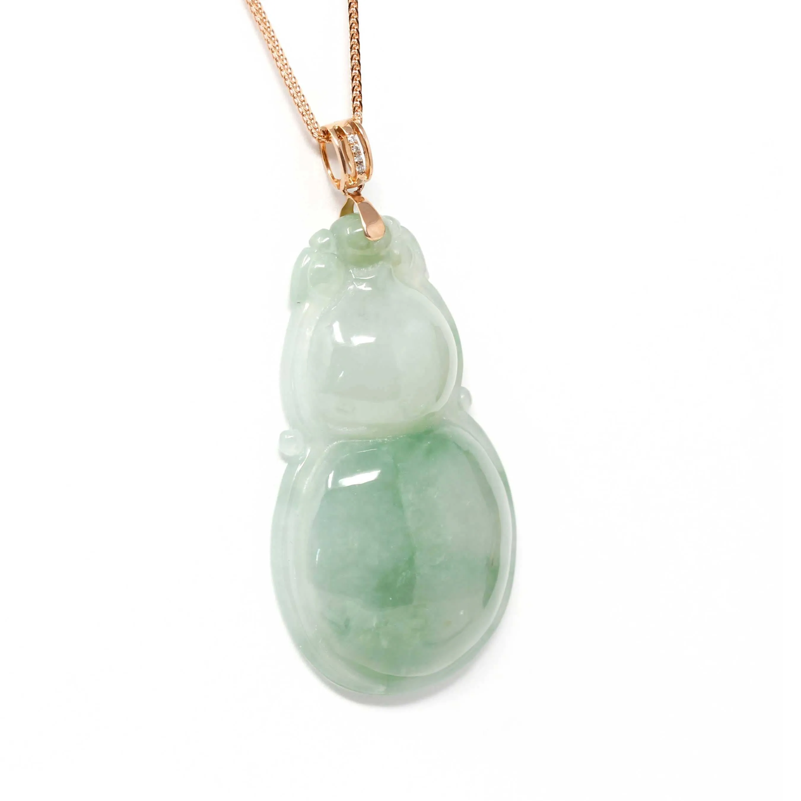 Baikalla™ "Lucky Bottle Gourd" Genuine Green Jadeite Bottle Gourd Pendant Necklace With 18k Rose Gold Diamond Bail