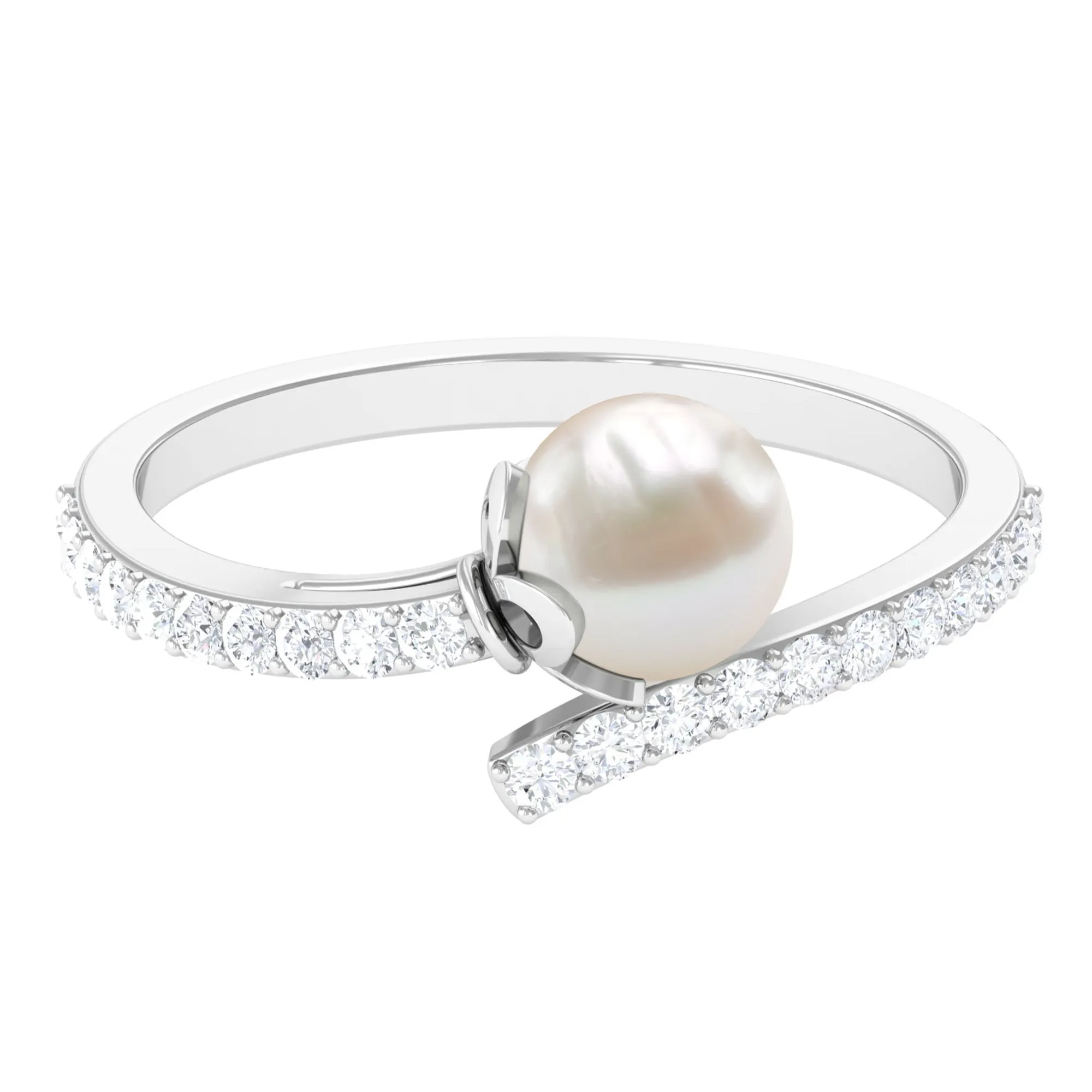 Bead Set Freshwater Pearl Minimal Wrap Ring with Diamond