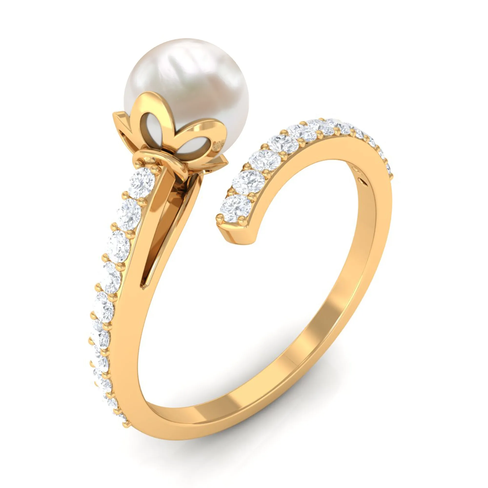 Bead Set Freshwater Pearl Minimal Wrap Ring with Diamond