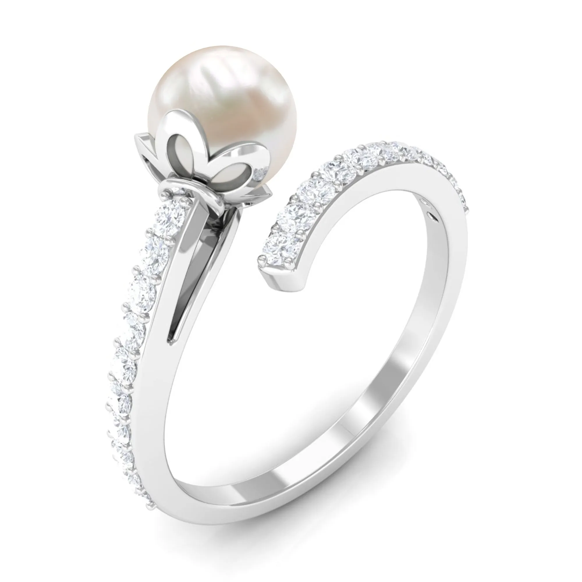 Bead Set Freshwater Pearl Minimal Wrap Ring with Diamond