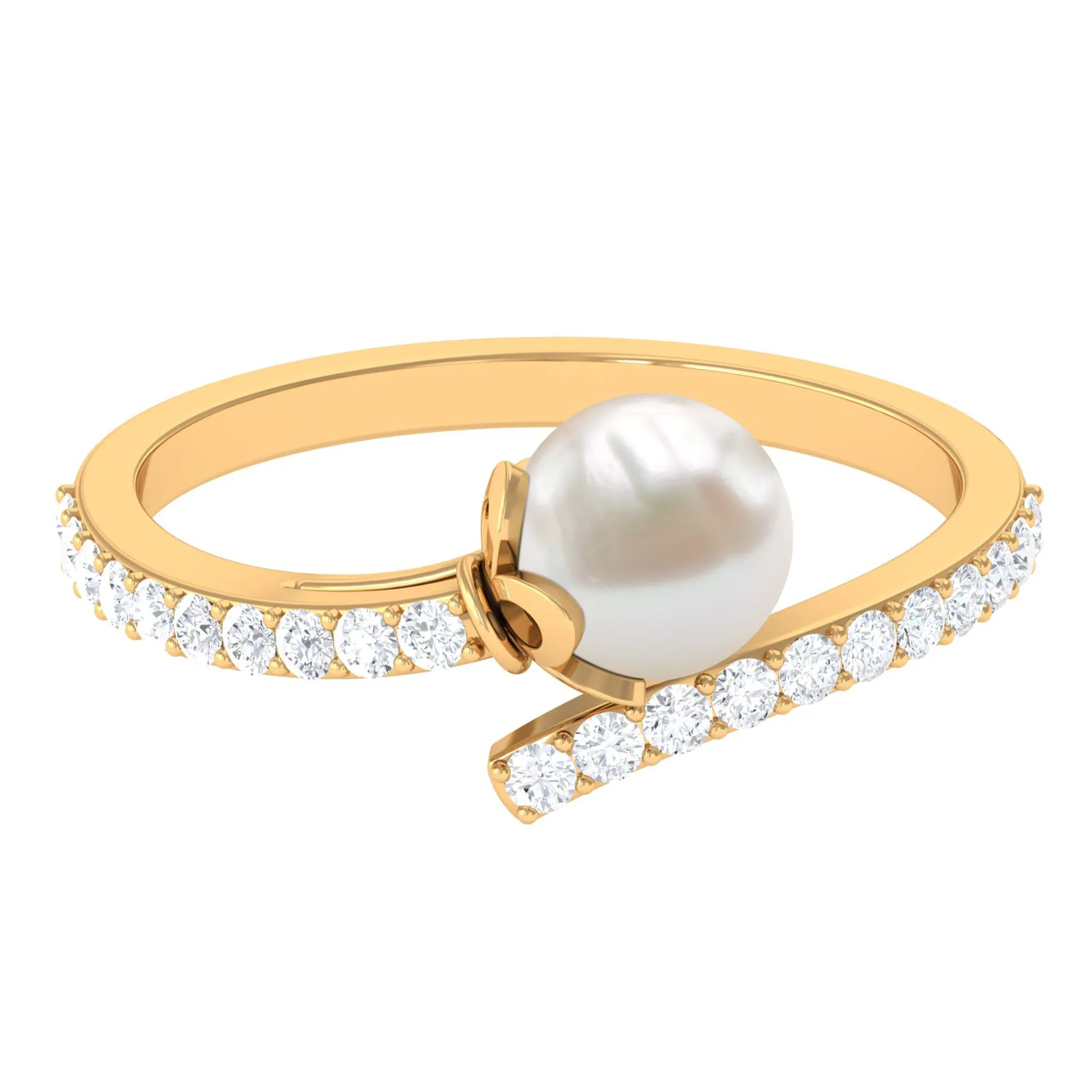 Bead Set Freshwater Pearl Minimal Wrap Ring with Diamond