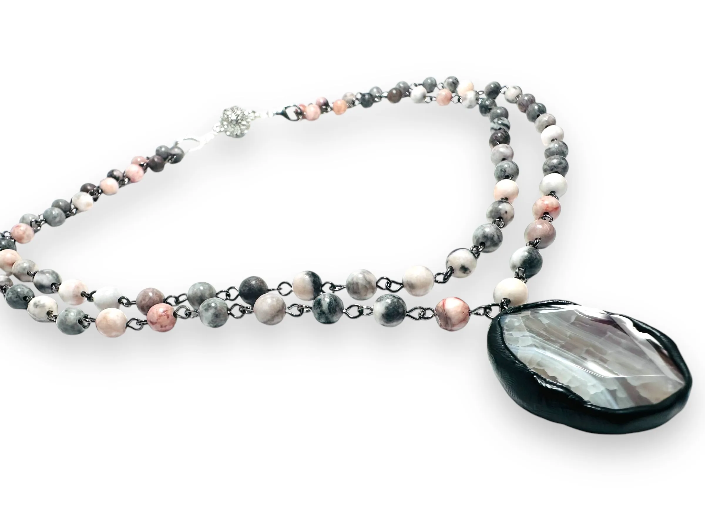 Beaded Adjustable Gemstone Necklace -Grey Pink Jade