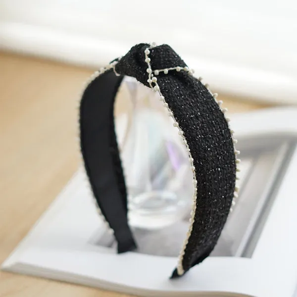 Black Beaded Fabric Knotted Headband 黑色釘珠布藝打結頭箍 HA20097a