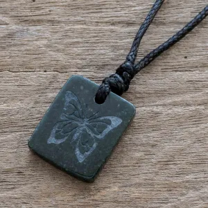 Black Jade Butterfly Pendant Necklace from Guatemala - Mayan Butterfly | NOVICA