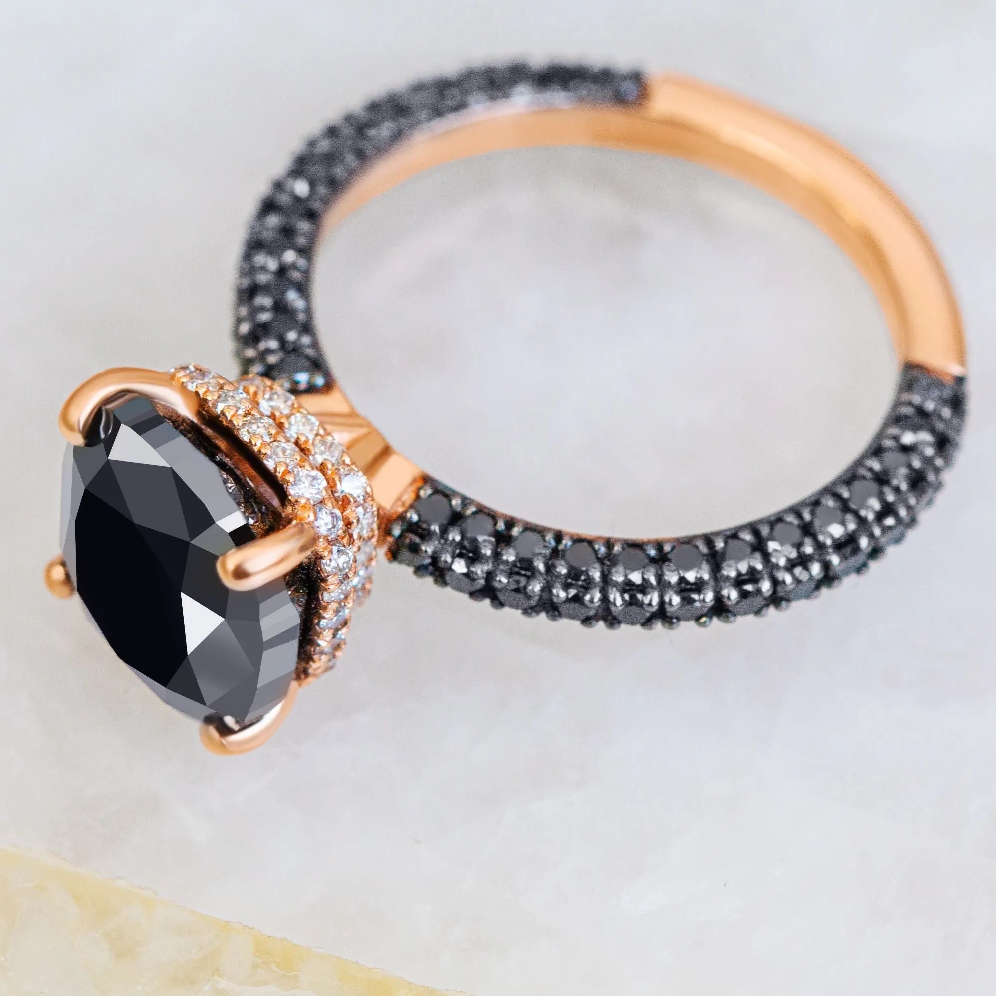 Black Magic - 5.44 Carats Three-Sided Band Natural Black Diamond Cushion Engagement Ring