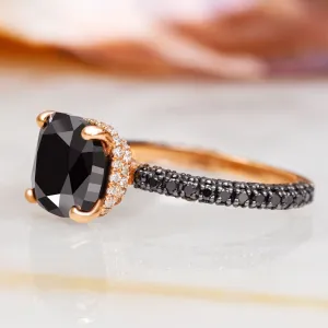 Black Magic - 5.44 Carats Three-Sided Band Natural Black Diamond Cushion Engagement Ring