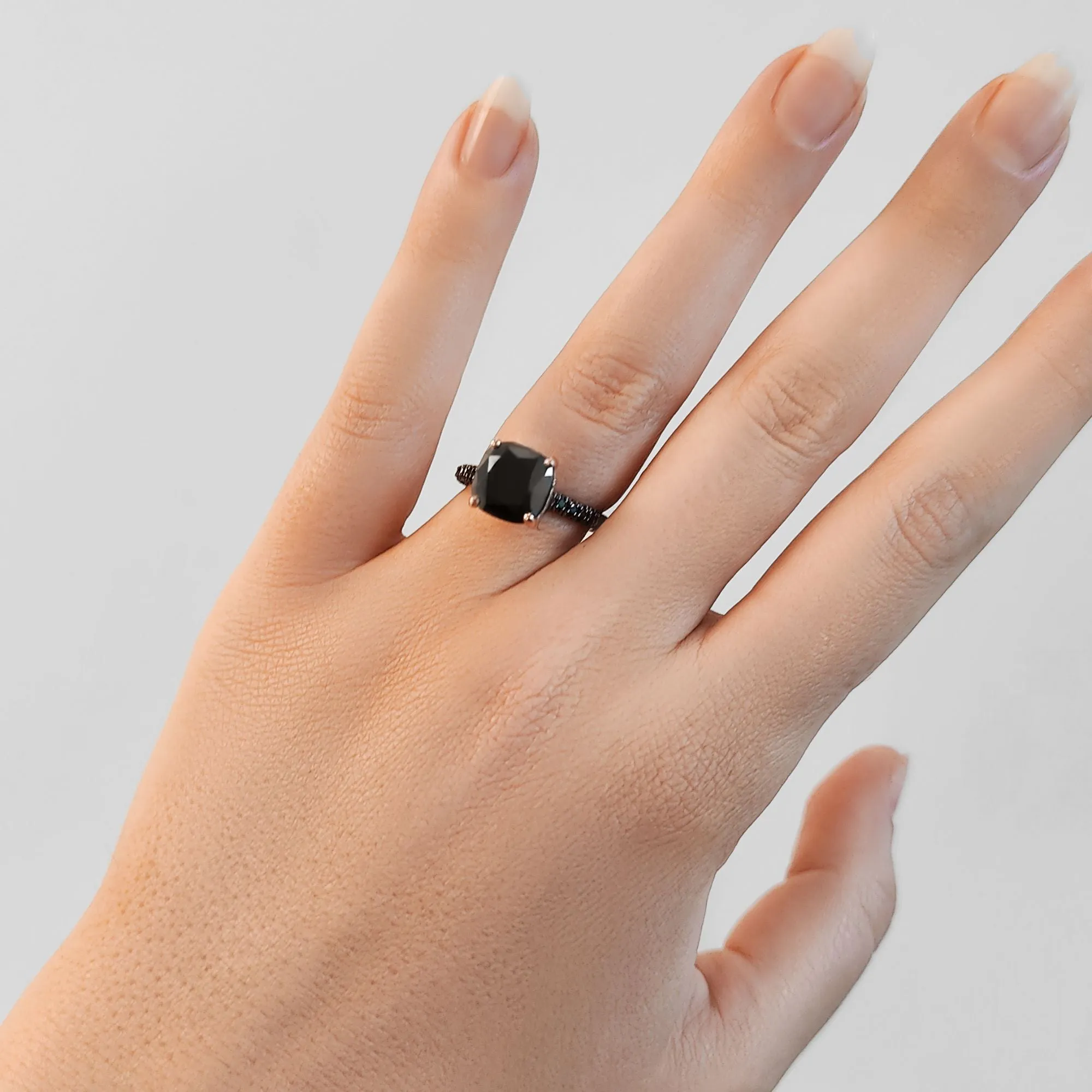 Black Magic - 5.44 Carats Three-Sided Band Natural Black Diamond Cushion Engagement Ring