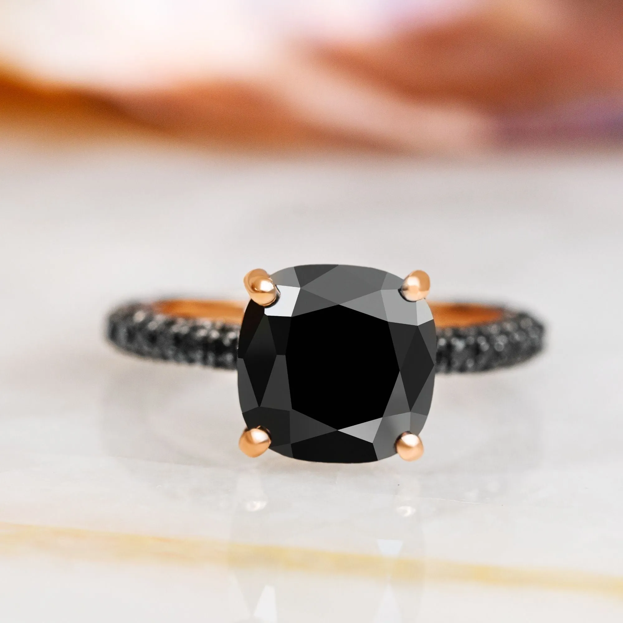 Black Magic - 5.44 Carats Three-Sided Band Natural Black Diamond Cushion Engagement Ring