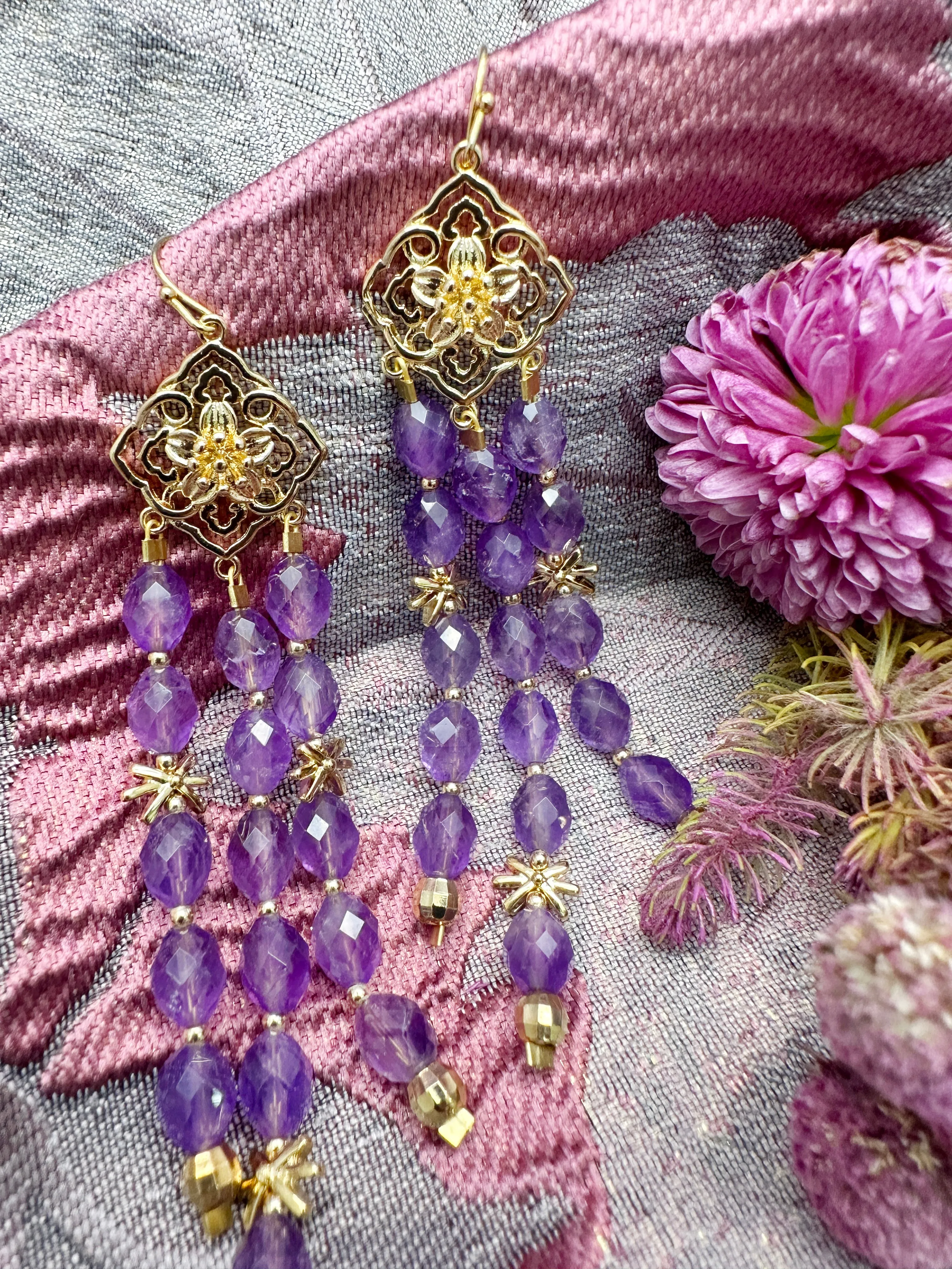 Bohemian Amethyst Beaded Tassel Earrings LE011