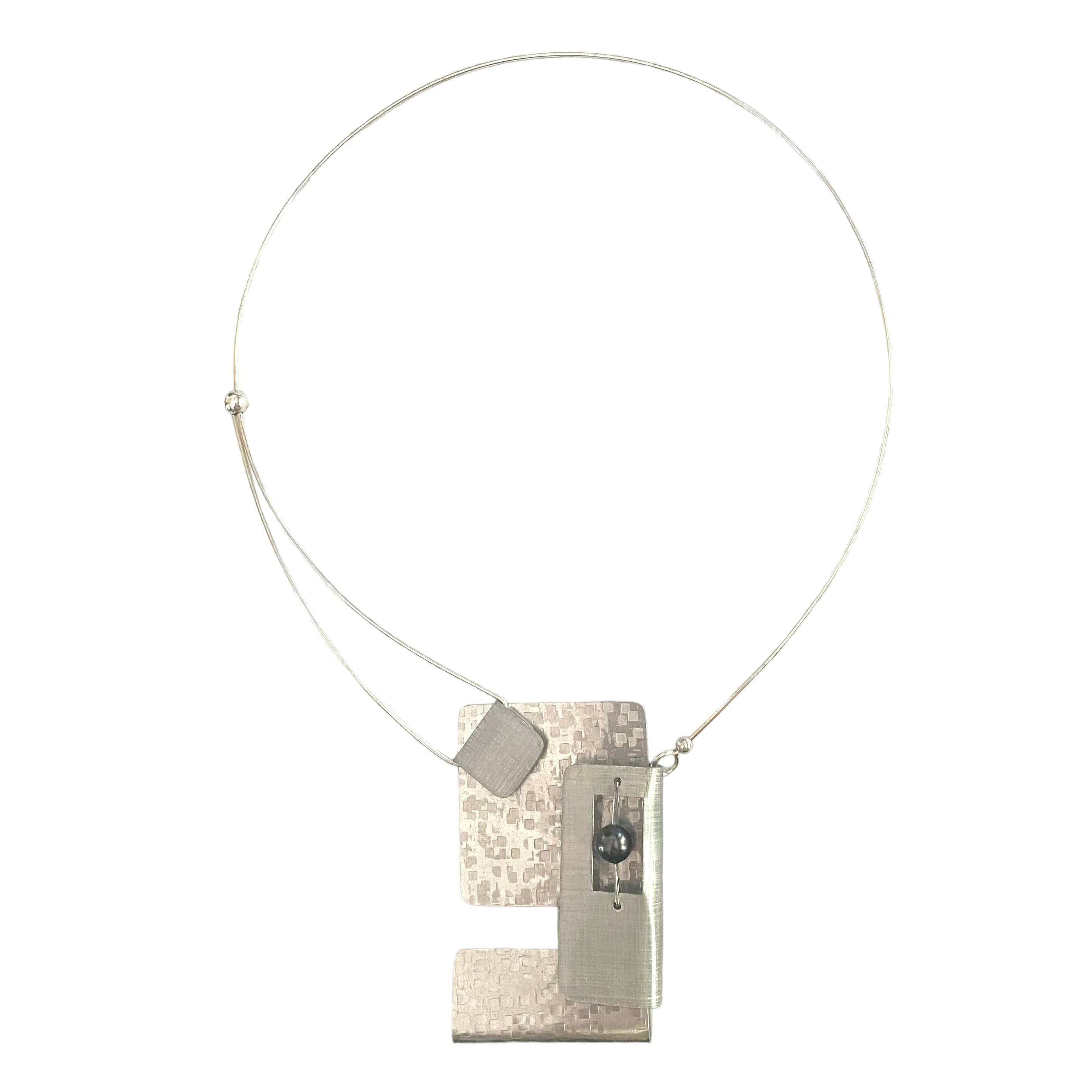 BOOK 3 Overlapping Rectangles Metal Statement Necklace with Front Closure from the SCULPTURAL Collection with Simulated Pearl or Jade option