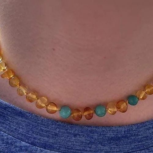 Boys Girls Apollo Three Polished Honey Baltic Amber Turquoise Howlite Necklace