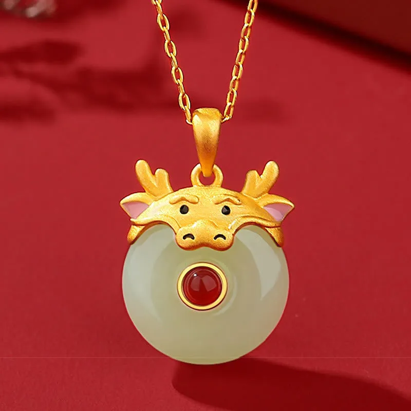 Buddha Stones 925 Sterling Silver Hetian Jade Chinese Zodiac Year of the Dragon Red Agate Luck Protection Necklace Pendant (Extra 30% Off | USE CODE: FS30)