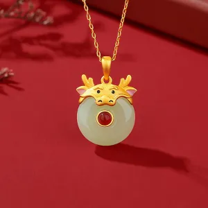 Buddha Stones 925 Sterling Silver Hetian Jade Chinese Zodiac Year of the Dragon Red Agate Luck Protection Necklace Pendant (Extra 30% Off | USE CODE: FS30)