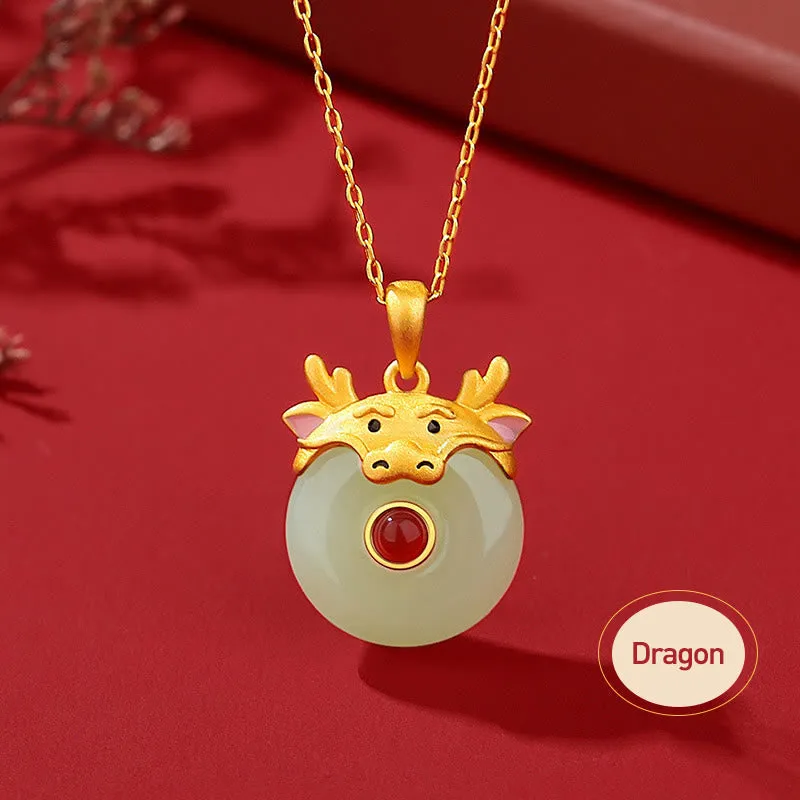 Buddha Stones 925 Sterling Silver Hetian Jade Chinese Zodiac Year of the Dragon Red Agate Luck Protection Necklace Pendant (Extra 30% Off | USE CODE: FS30)