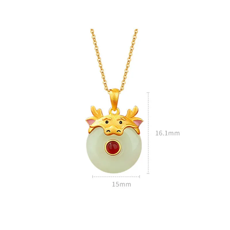 Buddha Stones 925 Sterling Silver Hetian Jade Chinese Zodiac Year of the Dragon Red Agate Luck Protection Necklace Pendant (Extra 30% Off | USE CODE: FS30)