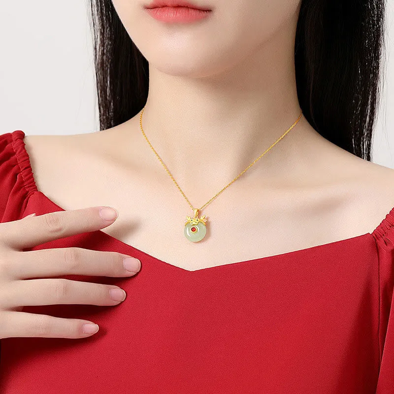 Buddha Stones 925 Sterling Silver Hetian Jade Chinese Zodiac Year of the Dragon Red Agate Luck Protection Necklace Pendant (Extra 30% Off | USE CODE: FS30)