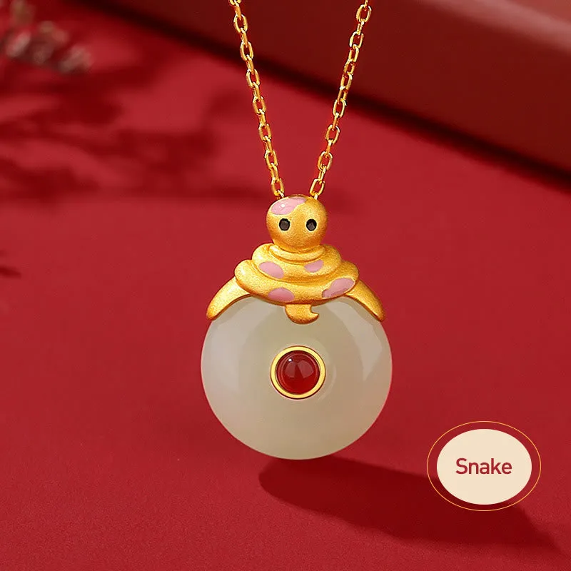 Buddha Stones 925 Sterling Silver Hetian Jade Chinese Zodiac Year of the Dragon Red Agate Luck Protection Necklace Pendant (Extra 30% Off | USE CODE: FS30)