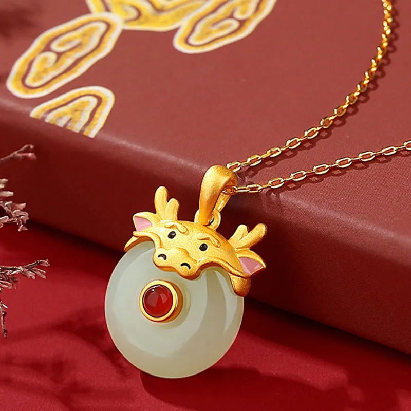 Buddha Stones 925 Sterling Silver Hetian Jade Chinese Zodiac Year of the Dragon Red Agate Luck Protection Necklace Pendant (Extra 30% Off | USE CODE: FS30)