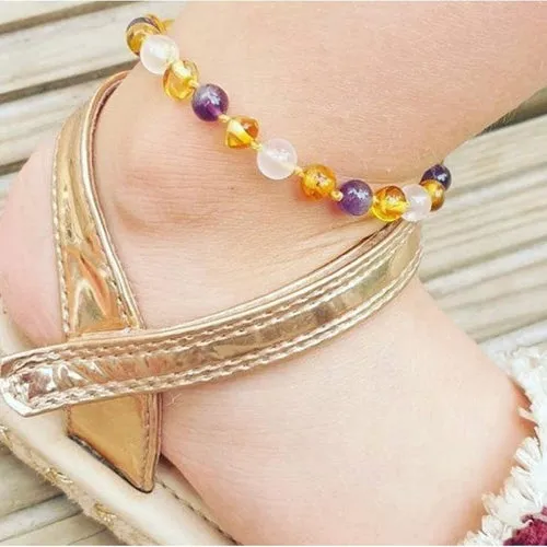 Child Tara Amethyst Purple Rose Quartz Gemstones Baltic Amber Anklet Bracelet