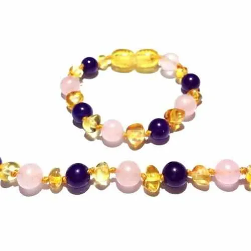 Child Tara Amethyst Purple Rose Quartz Gemstones Baltic Amber Anklet Bracelet