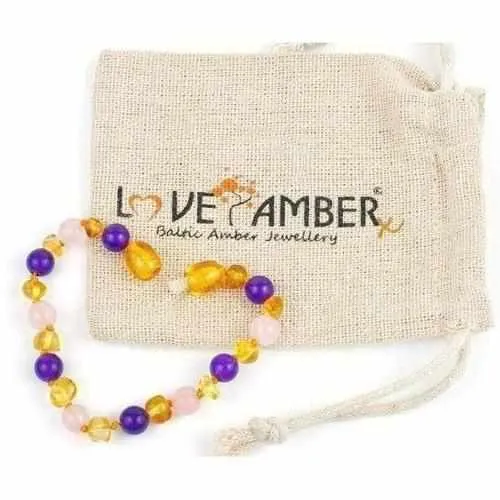 Child Tara Amethyst Purple Rose Quartz Gemstones Baltic Amber Anklet Bracelet