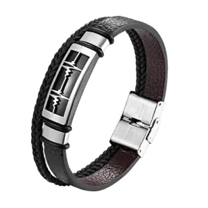 Classy Men Silver Heartbeat Leather Band Bracelet